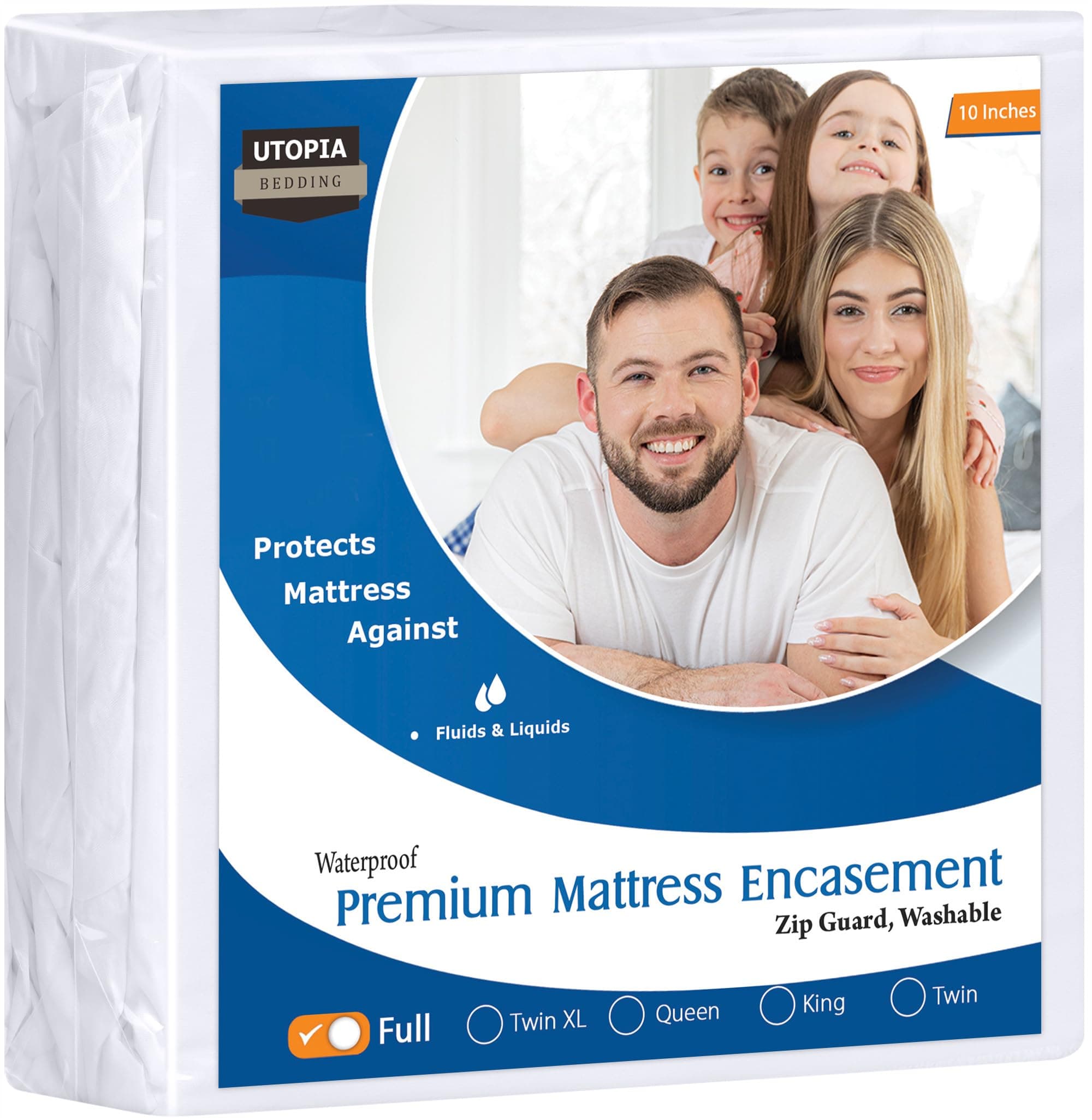 Premium Waterproof Bed Bug Mattress Cover, Full Zippered Mattress Protector, 10 Inches Deep, Dust Mite Proof 6-Sided Mattress Encasement for Bed