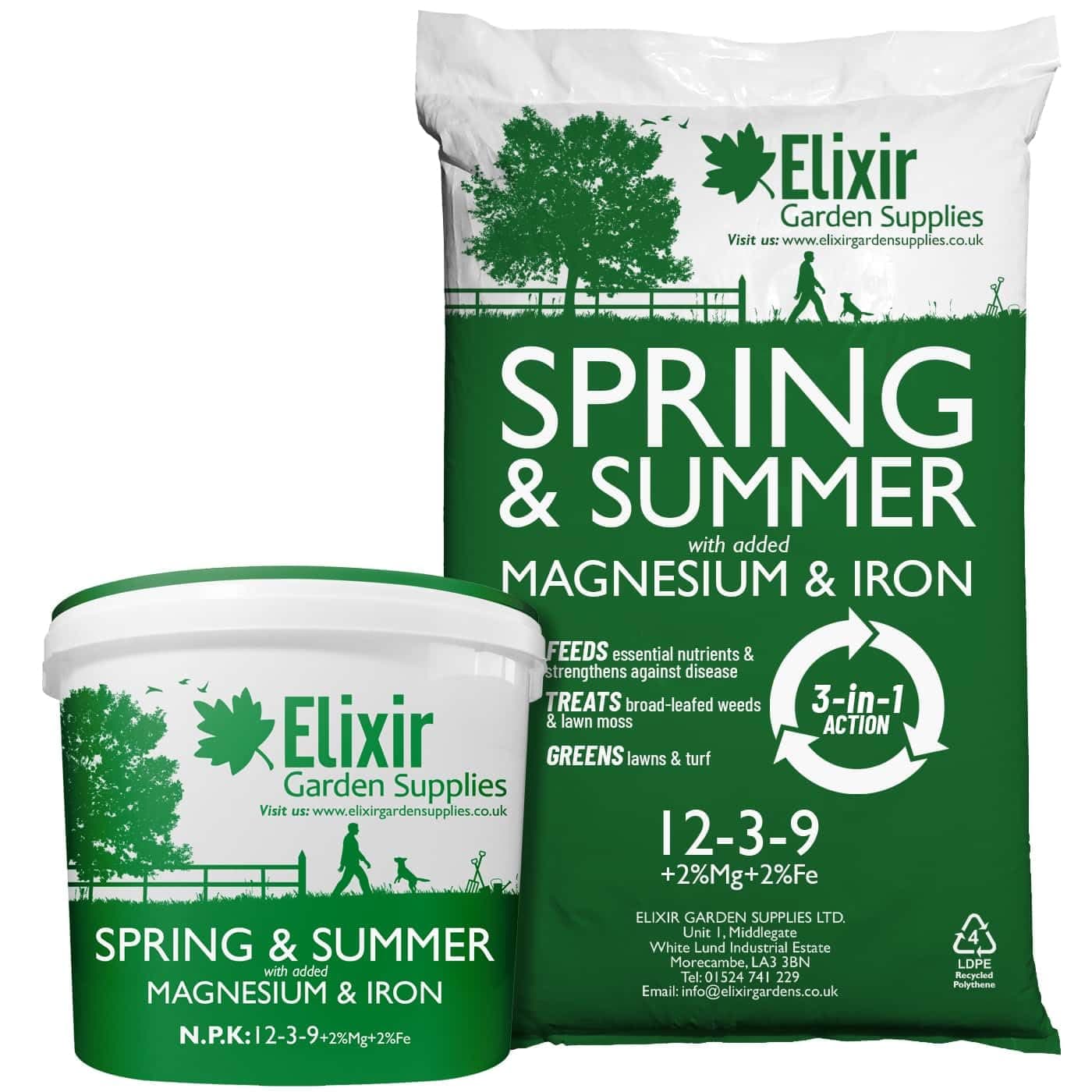 Elixir Gardens UK Spring & Summer Lawn Food/Feed & Granular Compound Turf Fertiliser with added Iron + Magnesium | 1kg-25kg Weights | NPK:12-3-9 + 2% Fe & 2% MgO | 3kg Tub Treats 120m²