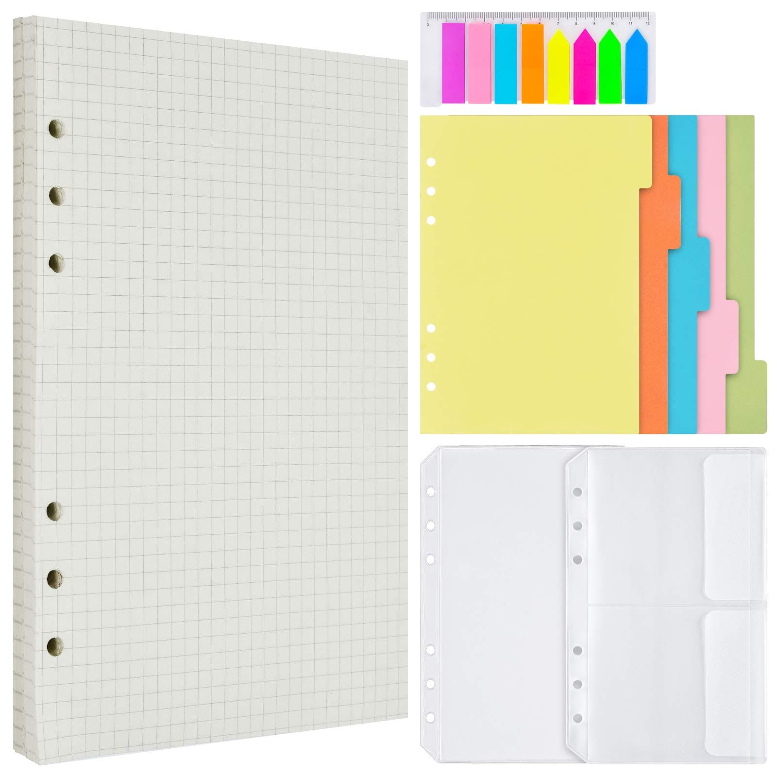 MALEDEN A6 Refill Paper Set, 6 Holes, Refillable Note Paper, 160 Grid Pages, 5 Color Dividers, 160 Multicolor Sticky Notes, 2 Envelopes Bags for Notebook