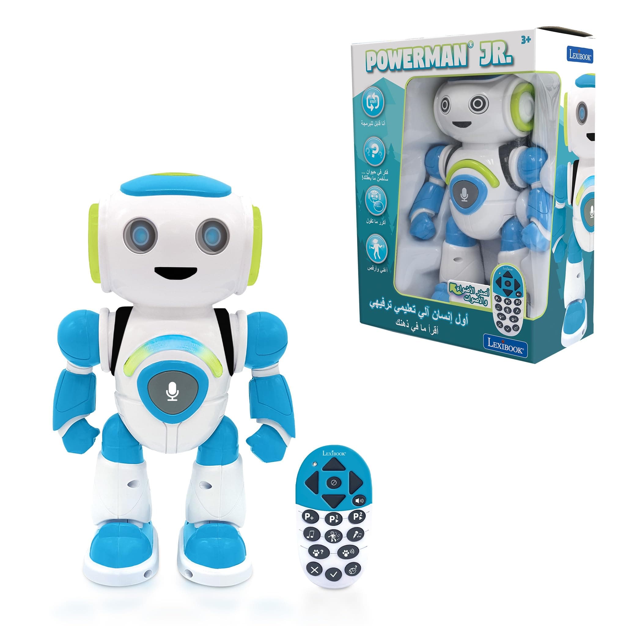 LEXIBOOK ROB20AR Powerman Jr. Smart Interactive Reads (Language Arabic) in The Mind Toy for Kids Dancing Plays Music Animal Quiz STEM Programmable Remote Control Boy Robot Junior Green/Blue