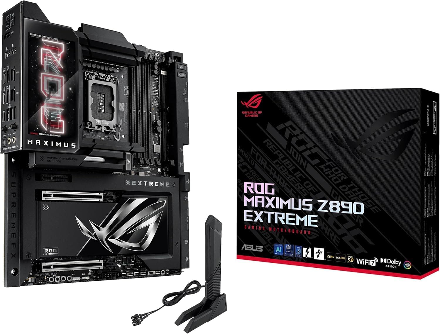 ASUS Intel ROG Maximus Z890 Extreme E-ATX motherboard, 24+2+1+2 power stages, DDR5 slots, PCIe 5.0 with full support for next-gen GPUs, six M.2 slots, WiFi 7, Thunderbolt 5 ports