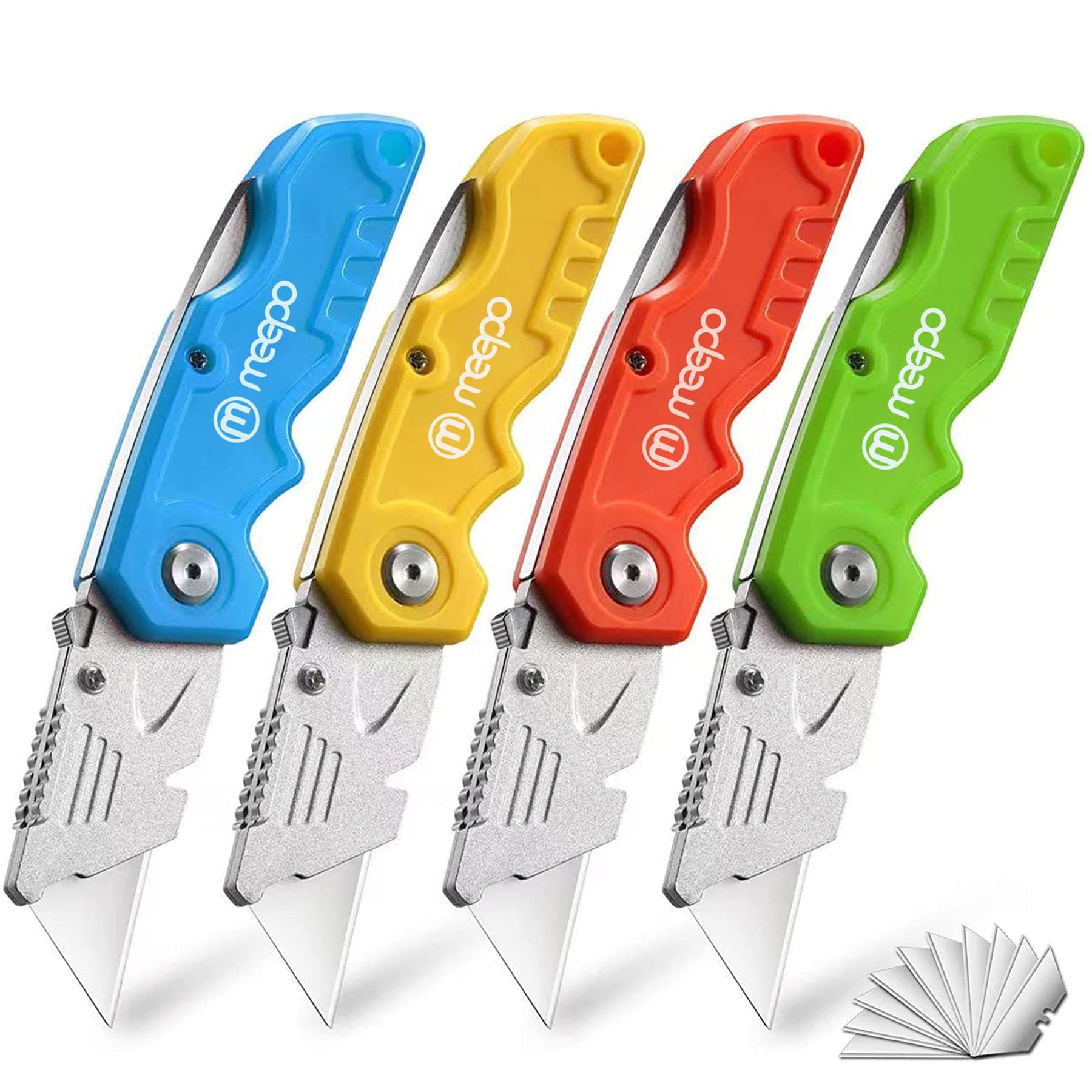M MEEPO Box Cutter, 4-Pack Tough Folding Utility Knife for Heavy Duty Purpose, Razor Sharp Blade, Comfortable Handle, with Extra 10-Piece Blades, Can cut Drywall, Sheet Plastic, Linoleum, Boxes, Rope