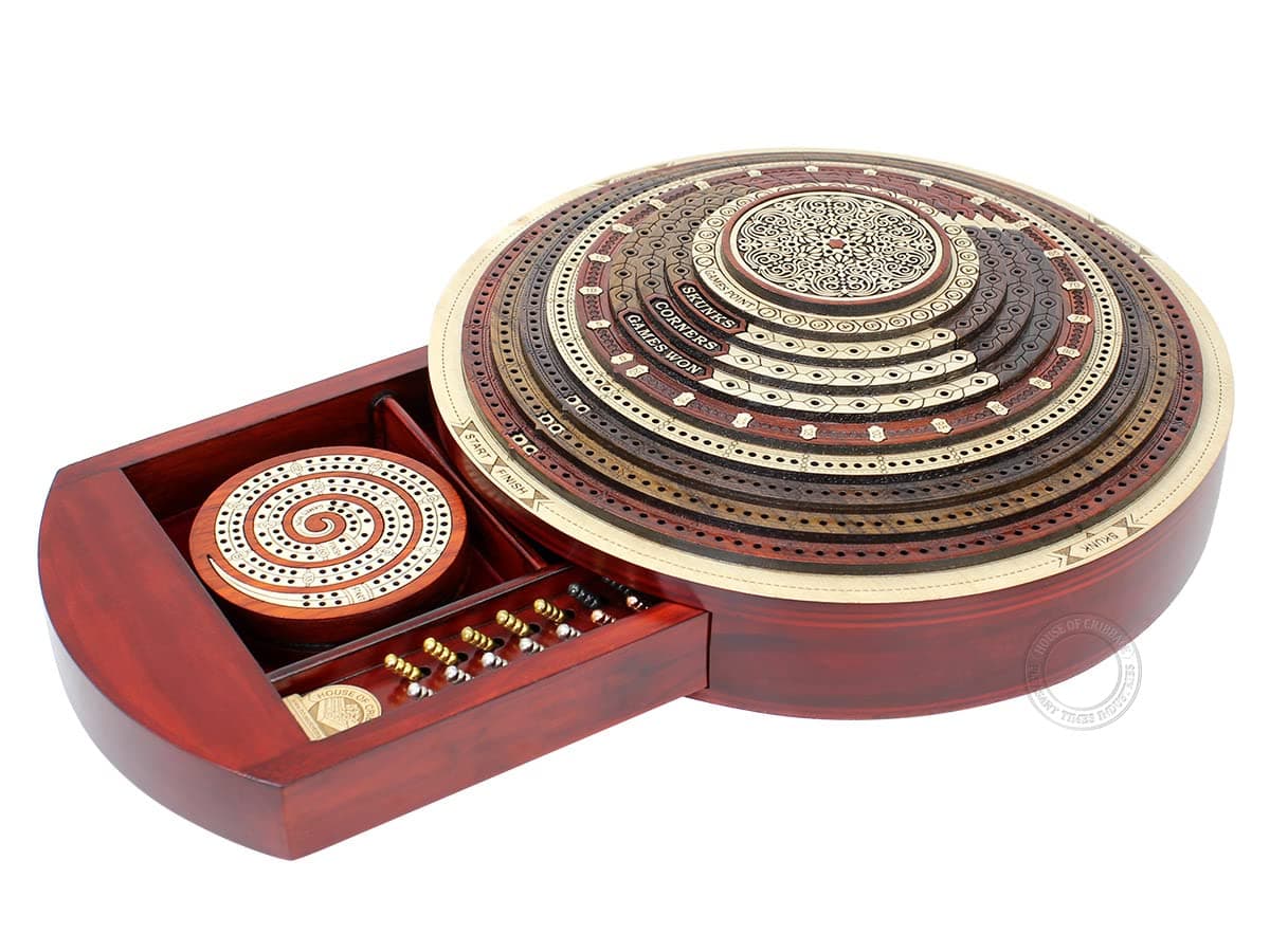 House of Cribbage - 3D Round Shape 4 Stepped Tracks Continuous Cribbage Board in Bloodwood/Maple/Teak/Rosewood with Skunks & Corners + 2 Track Round Pocket Cribbage Board