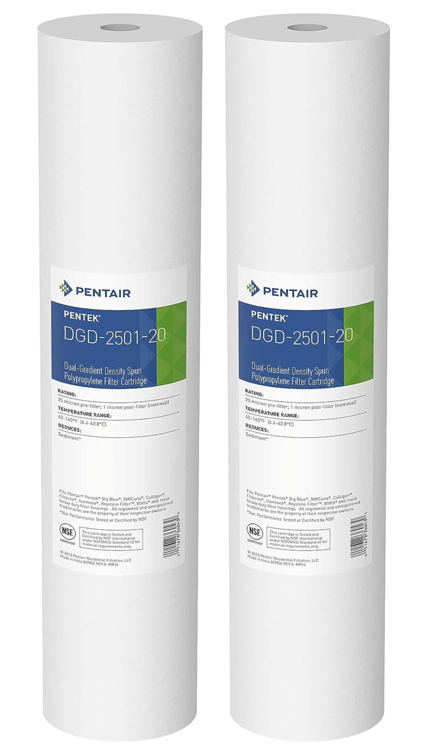 Pentair Pentek DGD-2501-20 Big Blue Water Filter, 20-Inch Whole House Sediment Filter Cartridge Replacement, Dual-Gradient Density Spun Polypropylene, 20" x 4.5", 1 Micron, Pack of 2, White