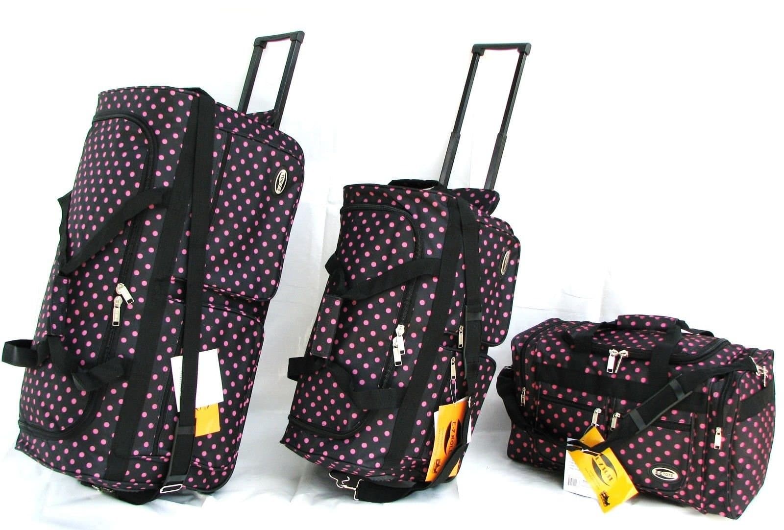 3PC SET 30" 22" 20" BLACK W/PINK POLKA DOTS WHEELED ROLLING DUFFLE BAG LUGGAGE