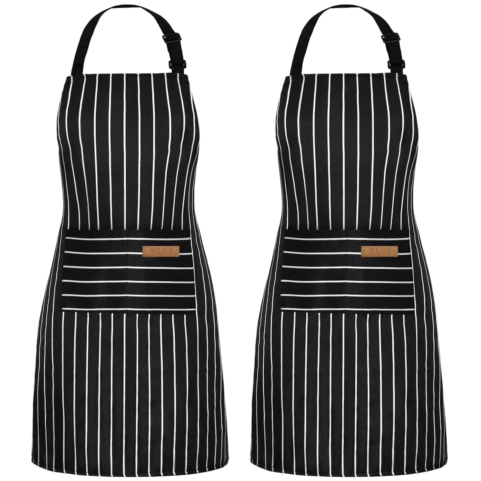 NLUS 2 Pack Cooking Aprons for Women with Pockets Adjustable Kitchen Bib Aprons for Women Men Chef, Black/White Stripe (Classic Black/White Stripes)