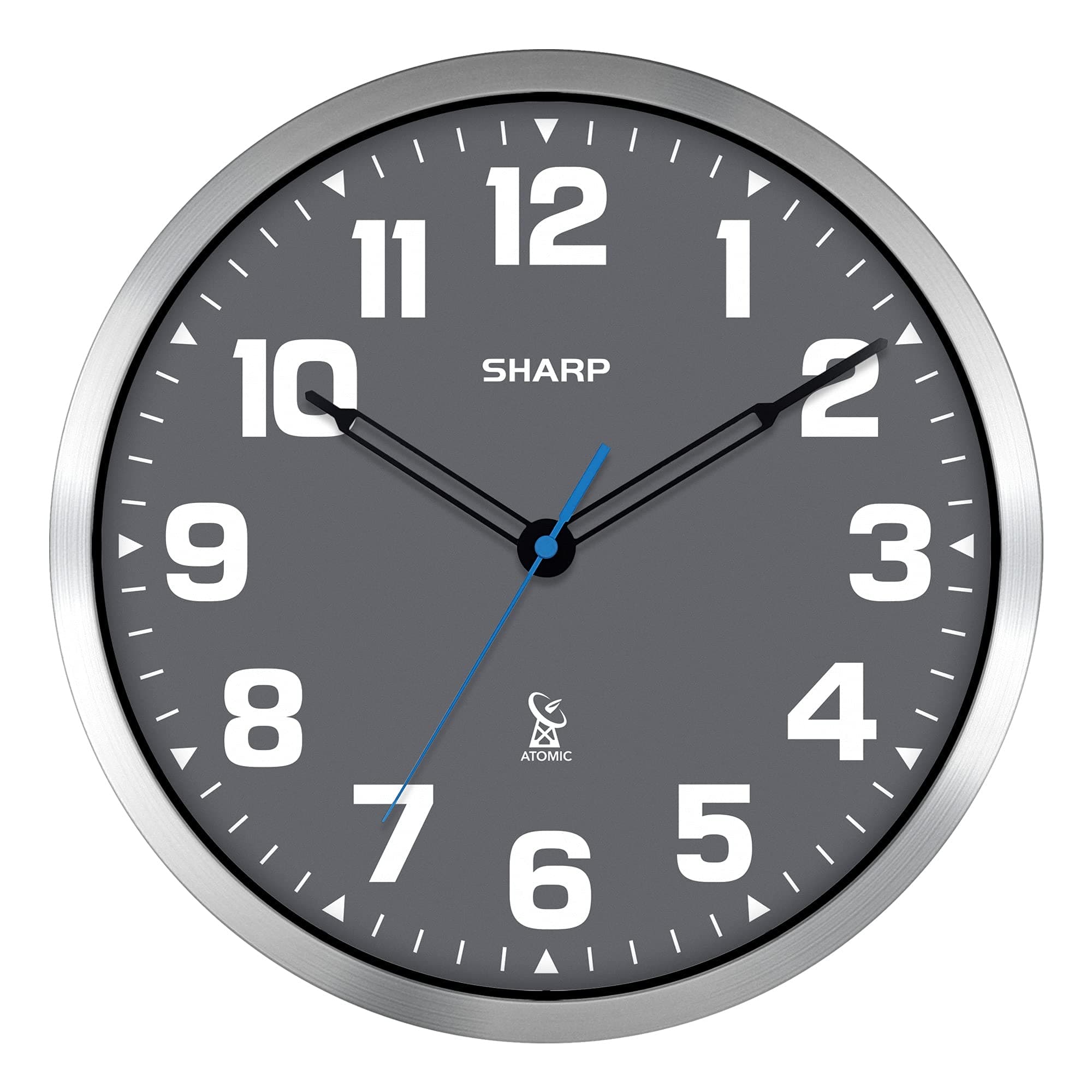 Sharp Atomic Analog Wall Clock - 12" Grey Face, Silver Brushed Finish - Sets Automatically- Battery Operated - Easy to Read - Easy to Use – Modern Design and Style