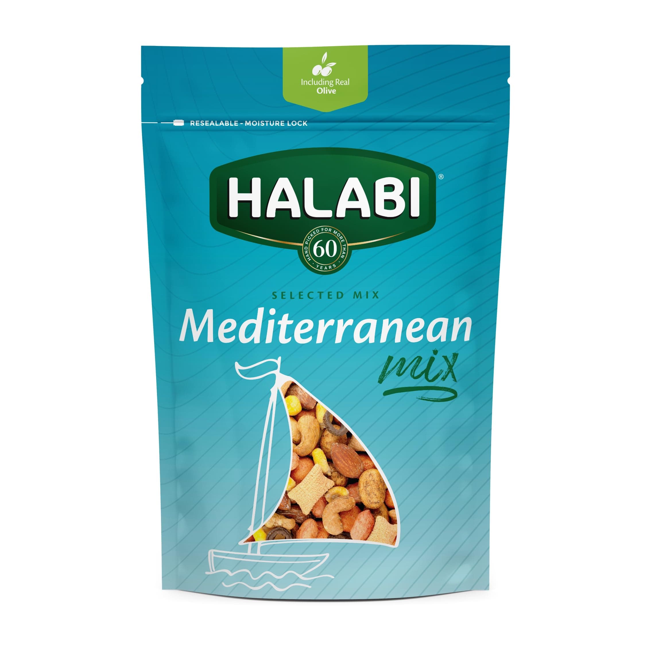 Halabi - Mediterranean Mix - Baked Snacks - Mixed Nuts - Peanuts, Almonds, Cashews, Corns - Resealable Bag - 175g