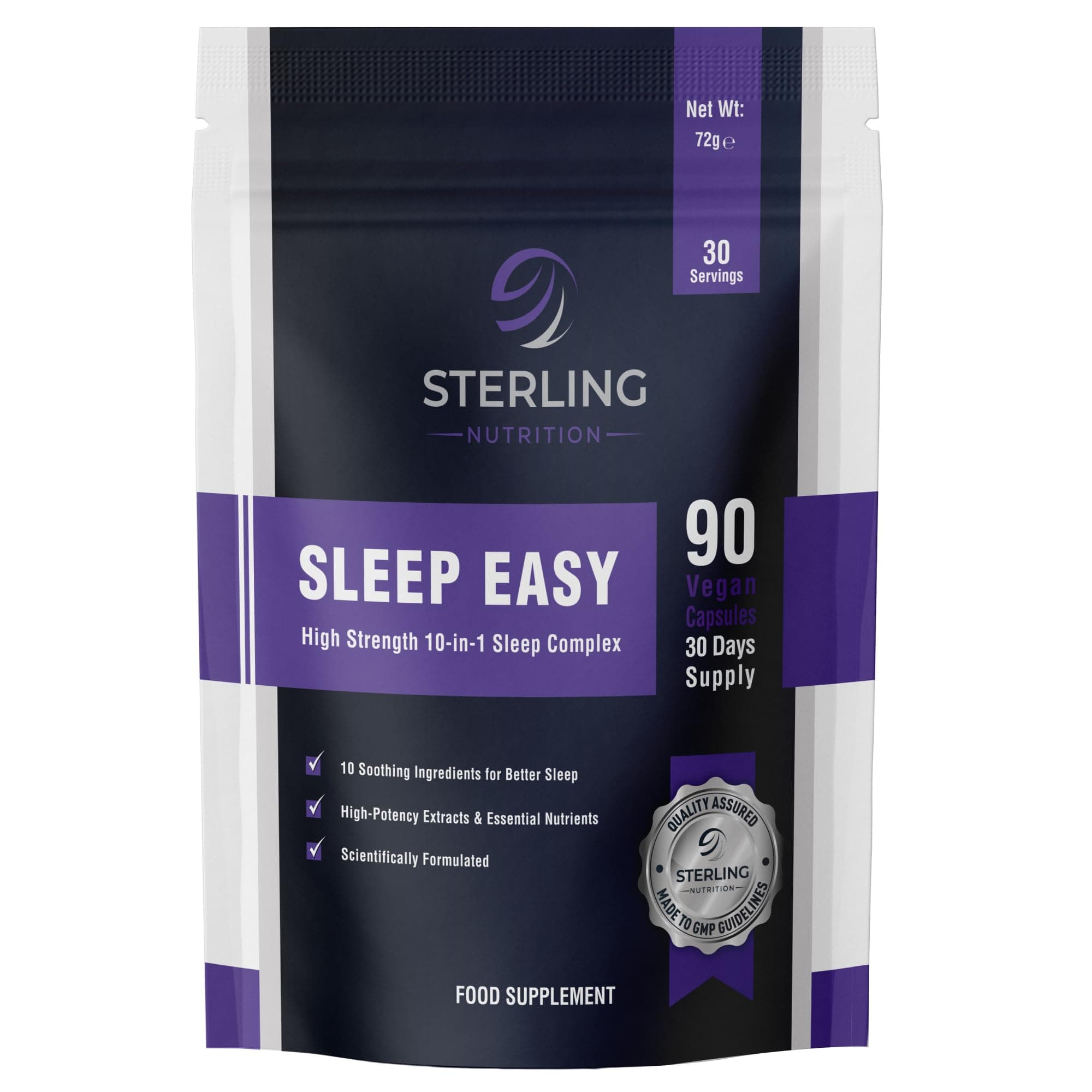 Sleep Easy - High Strength 10-in-1 Sleeping Complex for Adults, Pack of 90 Vegan Capsules | L-Tryptophan & Magnesium Glycinate Night Supplements | Natural Aid & Non-Habit Forming | STERLING NUTRITION