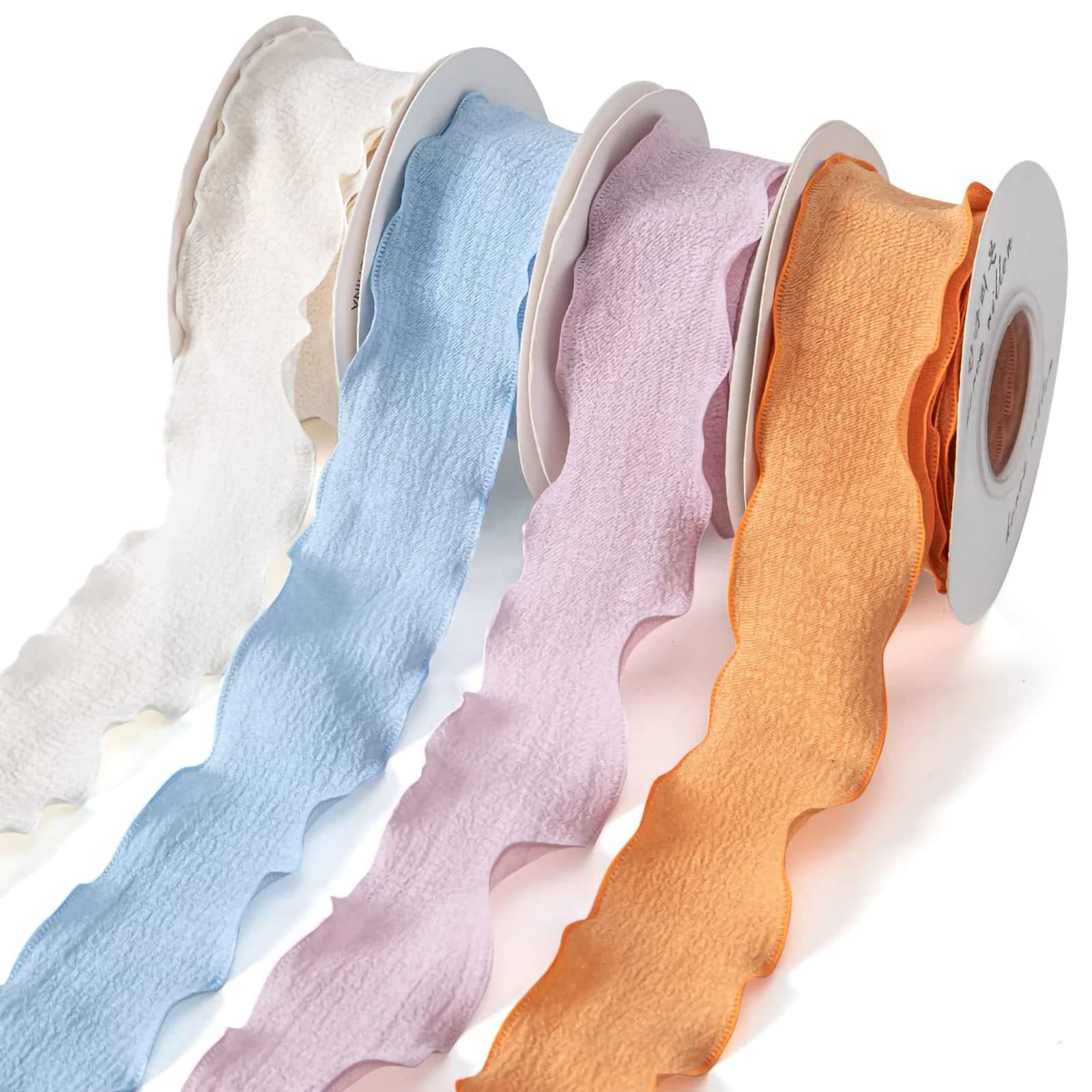 Excefore Chiffon Silk Ribbon Gauze 4 Rolls 1.5" x 10Yd Cotton Texture Lotus Leaf Edge Ribbons Set for Wedding Invitations, Bridal Bouquets, Gifts Wrapping, DIY Crafts