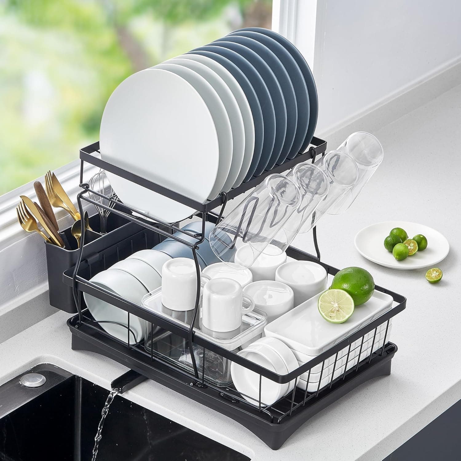 Yabano 2 Tier Dish Drainer, Multifunctional Dish Drainer Rack, Rustproof Kitchen Dish Drying Rack with Drainboard & Utensil Holder, Space-Saving Dish Rack for Kitchen Counter
