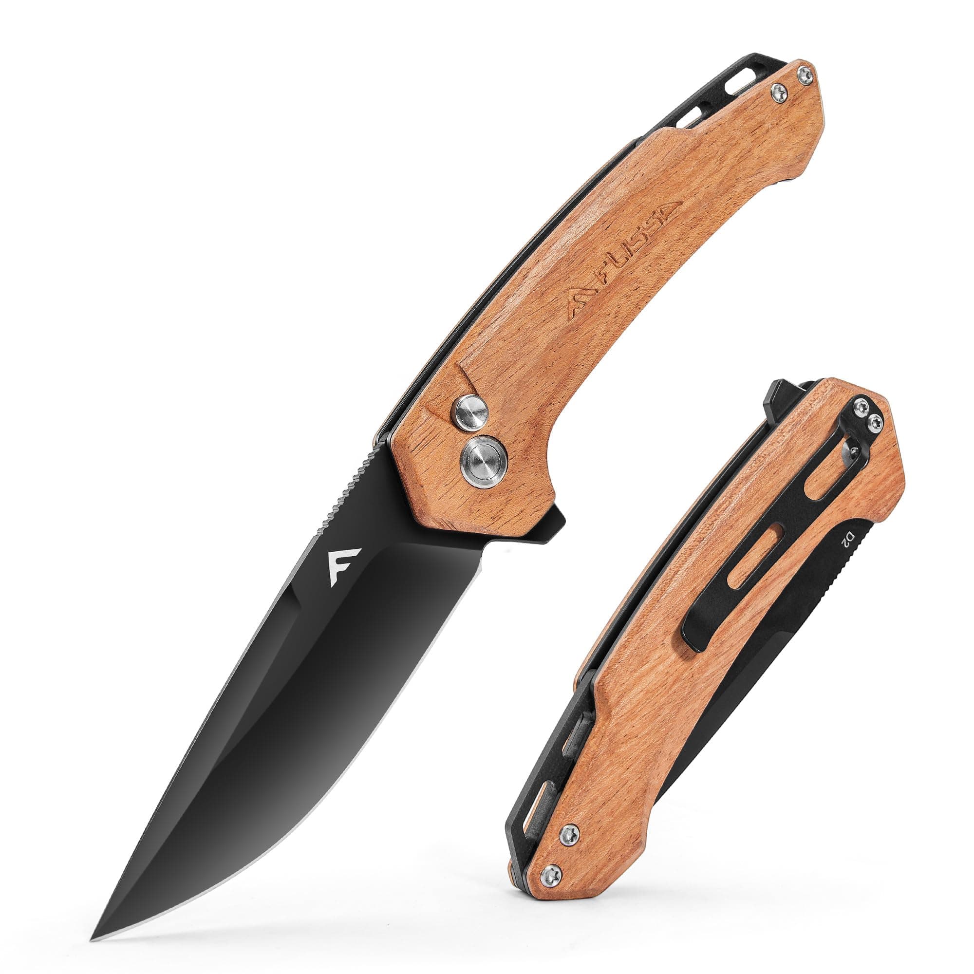 FLISSA Pocket Folding Knife, 3.2” D2 Blade Wood Handle EDC Knife with Button Lock and Pocket Clip for Hiking, Camping, Outdoor Activities