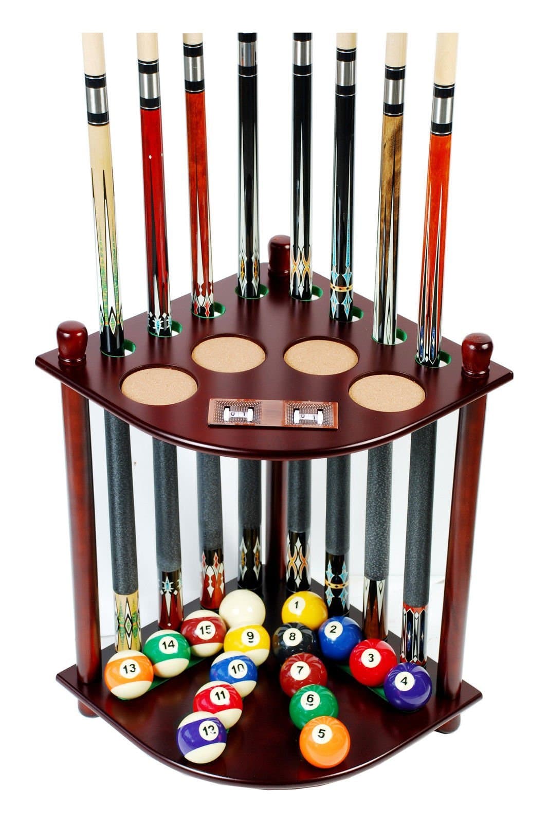 Cue Rack Only - 8 Pool Billiard Stick & Ball Floor Stand W Scorer Mah Finish