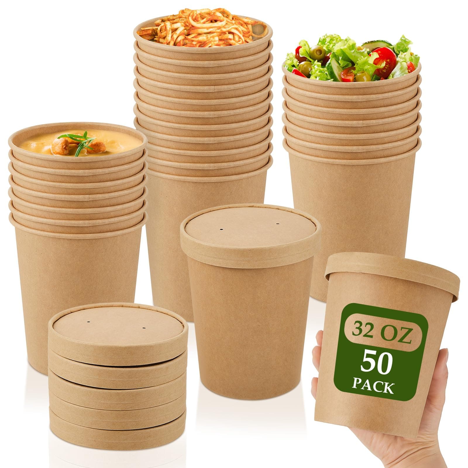 Sabary 50 Pack 32 oz Paper Soup Containers with Lid Disposable Kraft Soup Food Bowl Microwavable Food Storage Ice Cream Containers Nice for Restaurants (Brown)