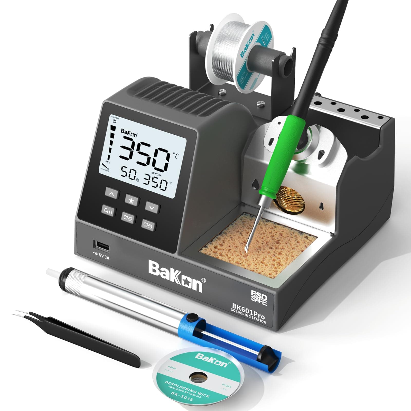 BK601Pro 120W Precision Soldering Iron Station Kit with 3 Memory Channels,1 C210 Soldering Iron Tips,Temperature Control (302°F to 896°F), Sleep Mode, Auto Shutdown,LCD Display