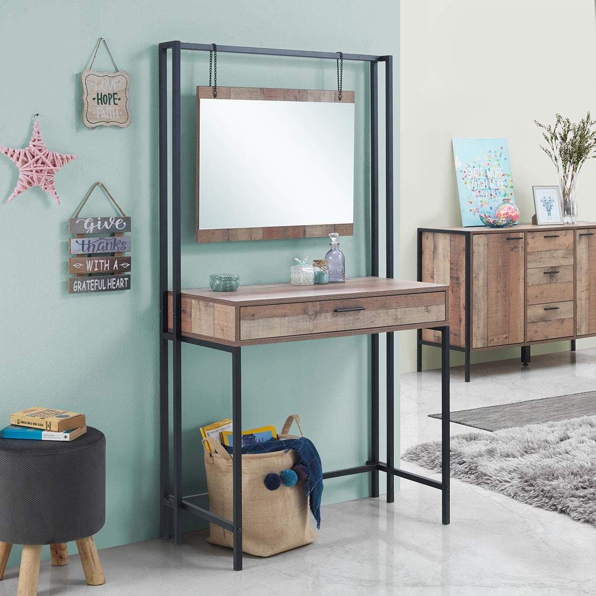 Timber Art Design UK Stretton Dressing Table Vanity Makeup Table Set with Mirror & Drawer Rustic Oak Effect Modern Furniture for Bedroom, Living Room, Home - W84cm x H150cm x D40cm