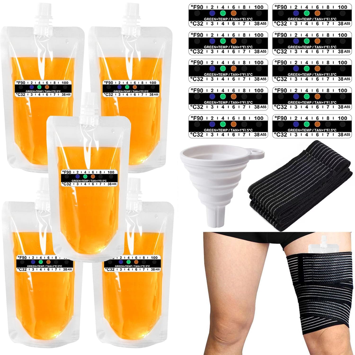 17 Pcs Urine Test Complete Kit Includes 5 Transparent Bags,10 Adhesive Temperature Test Strips,Filling Funnel,47" Adjustable Hidden Leg Straps,Portable Travel Urine Test Bag