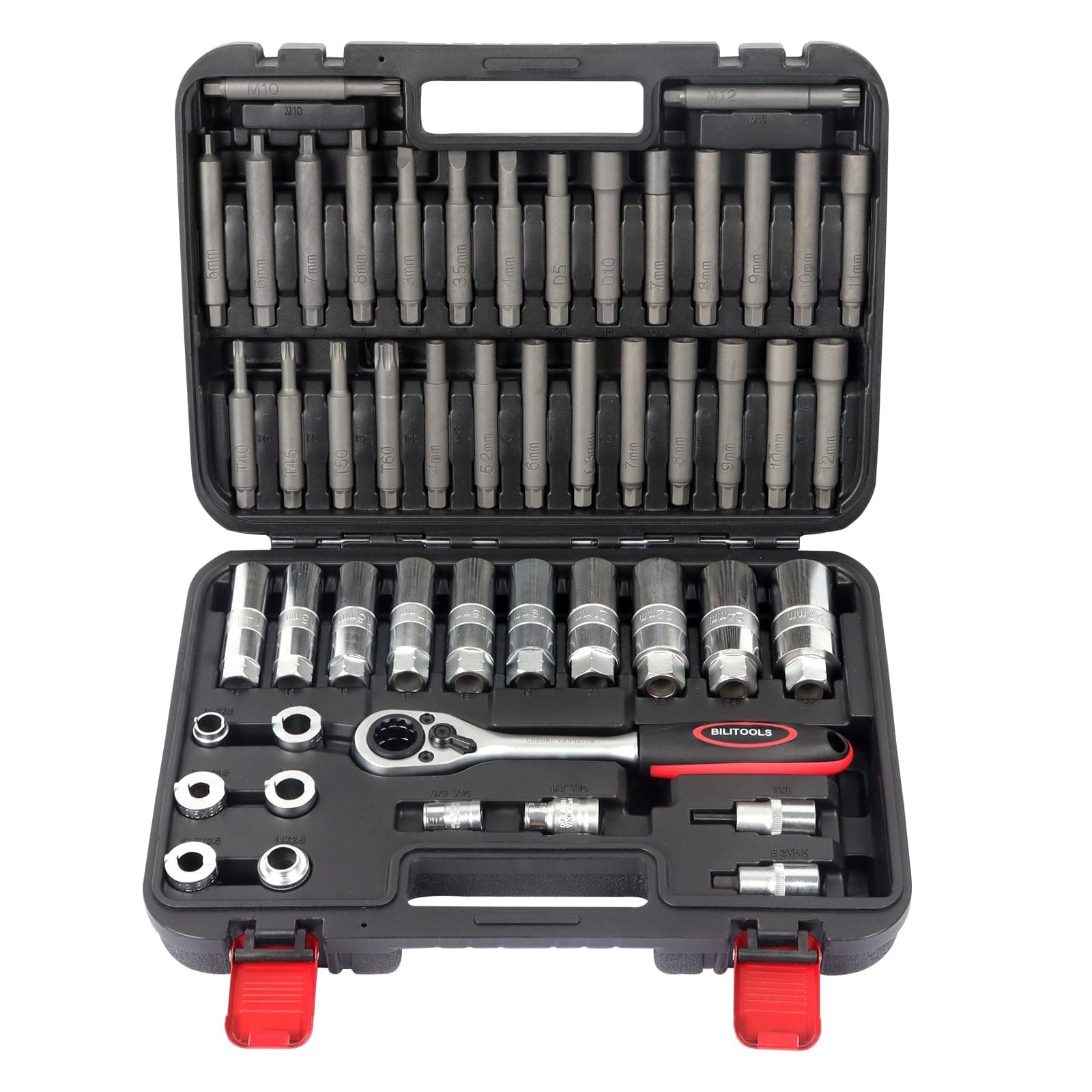 BILITOOLS 50PCS Shock Absorber Strut Nut Socket Set Master Suspension Strut Top Mount Nut Removal Install Automotive Tool with Ratchet Adaptors