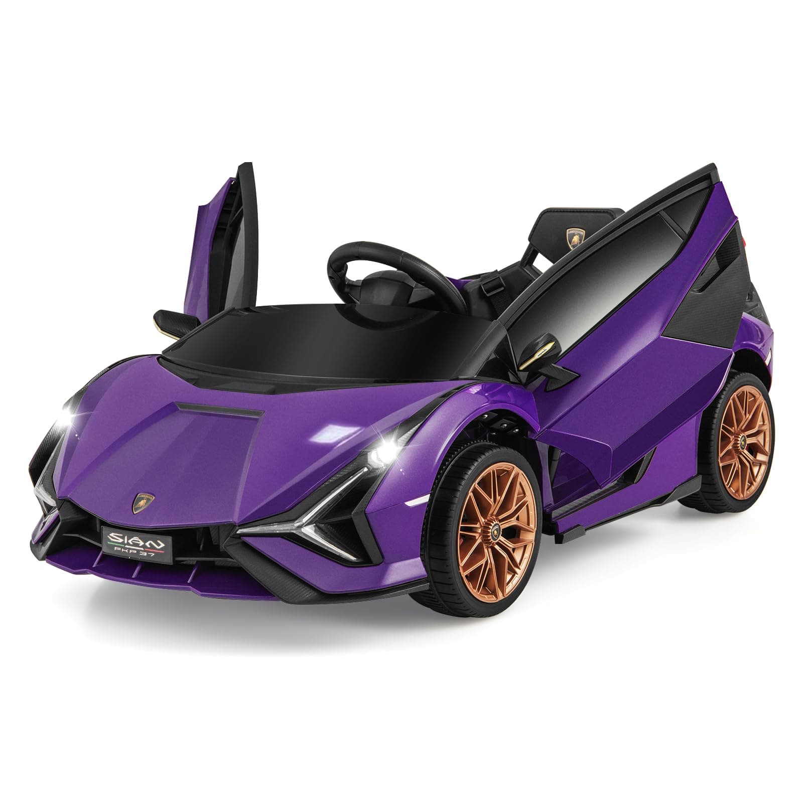12V Kids Electric Ride on Car with Remote Control, LED Lights, MP3, Music, Spring Suspension, Licensed Lamborghini Battery Powered Toy Vehicle for Boys and Girls (Purple)