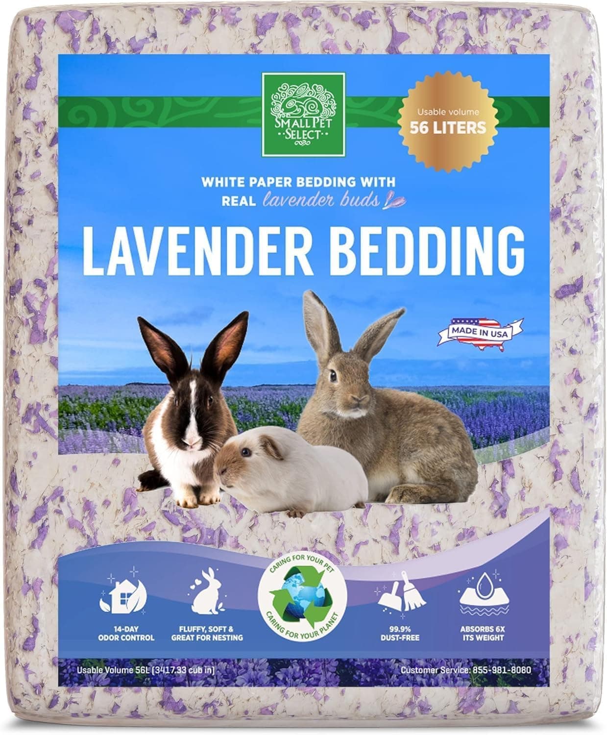 Lavender Bedding, Paper Bedding with Real Lavender, Soft Animal Bedding with Odor Control for Guinea Pig, Rabbit, Hamster, or Bunny, Cage Accessories, Made in USA, 56L