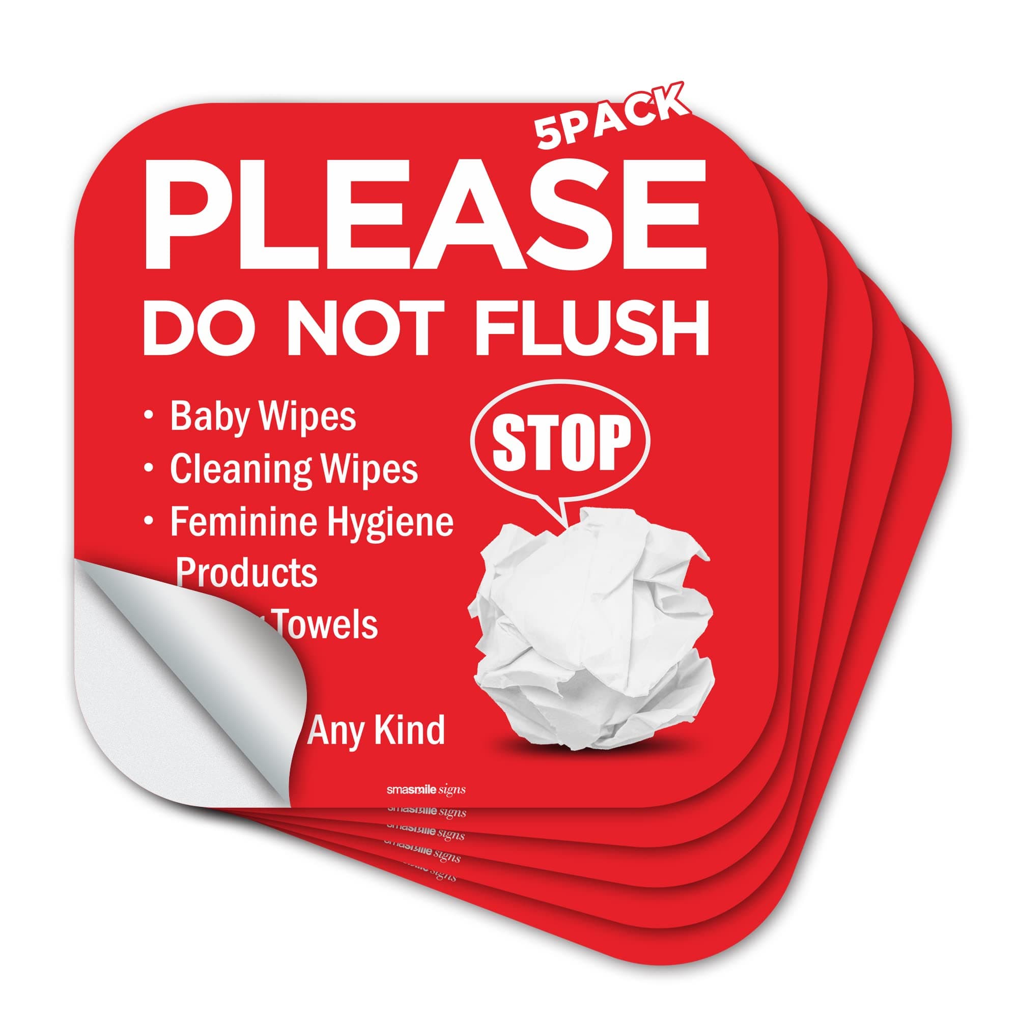 SMASMILE Please Do Not Flush Sign 5 Pack 6"x 6" Please Do Not Flush Anything Except Toilet Paper Sign Self Adhesive Decal