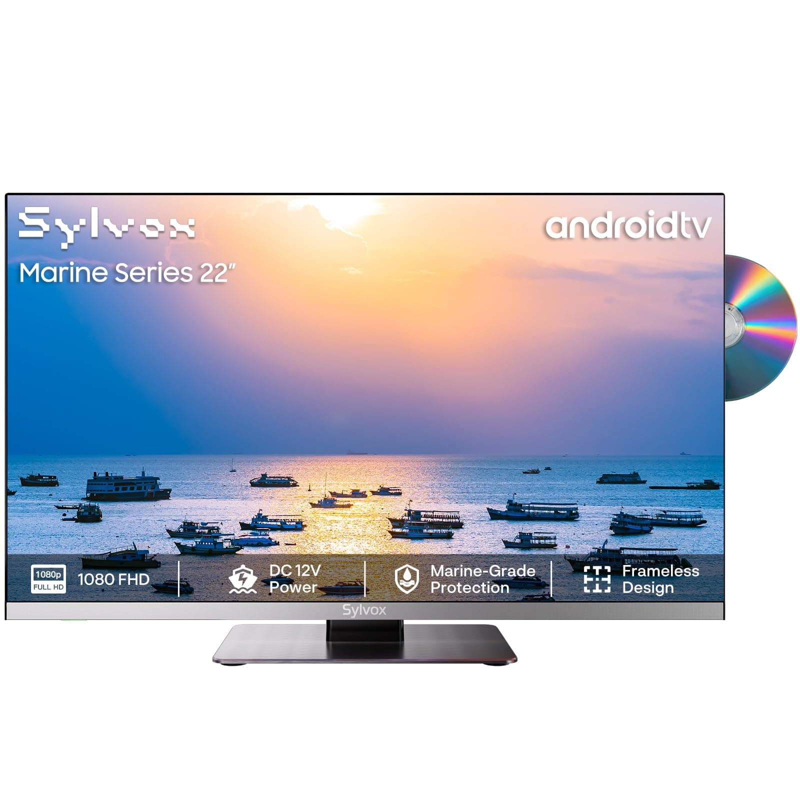SYLVOX 22 Inch 12V Smart TV with Android OS, Full HD Frameless Small TV with DVD Player Built-in, DC/AC Powered, 9-32V Wide Voltage Anti-Shock Design, 12V TVs for Motorhomes, Trucks, Boats