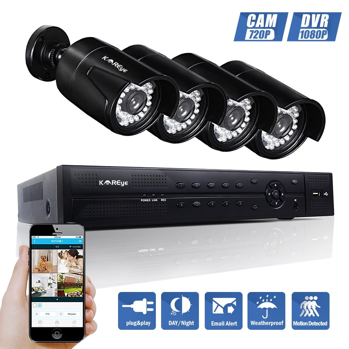 KAREye 4CH 1080P AHD DVR Home Security Video Surveillance Camera System (NO HDD), W/ 4x 1.0MP Indoor/Outdoor Waterproof Cameras, 100FT Night Vision, Smart Motion Dectection