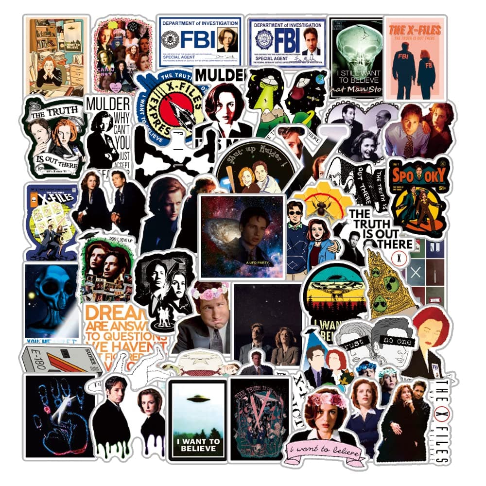 50Pcs The X-Files Stickers Pack | Classic Suspense Sci-Fi TV Series Vinyl Waterproof Cool Decal for Kids Teens Adults Computer Phone Laptop Skateboard Car Bumper(The X-Files Stickers ),2-4inch
