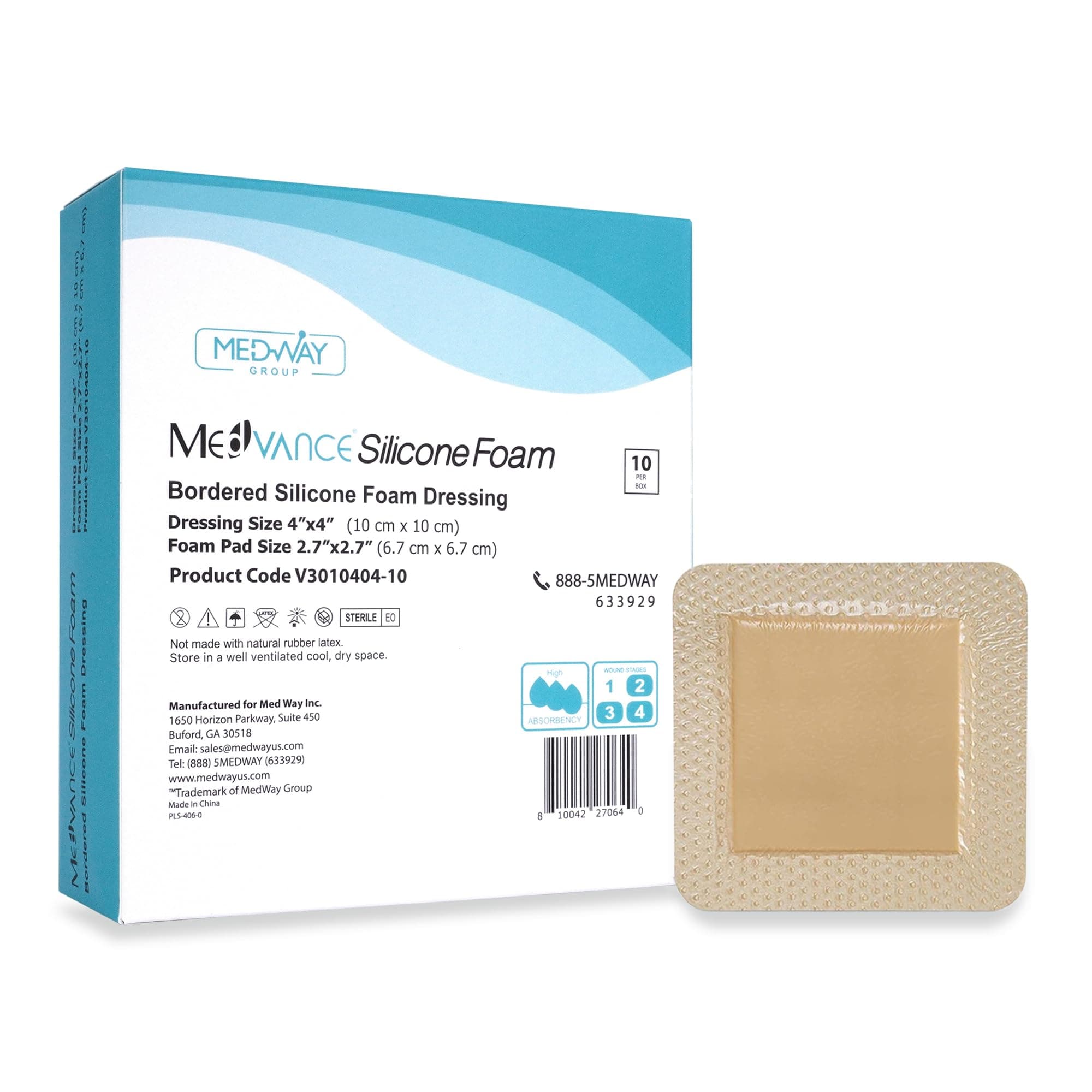 MedVance TM Silicone - Bordered Silicone Adhesive Foam Dressing Size 4"x4" (2.7"x2.7" pad), Box of 10 dressings