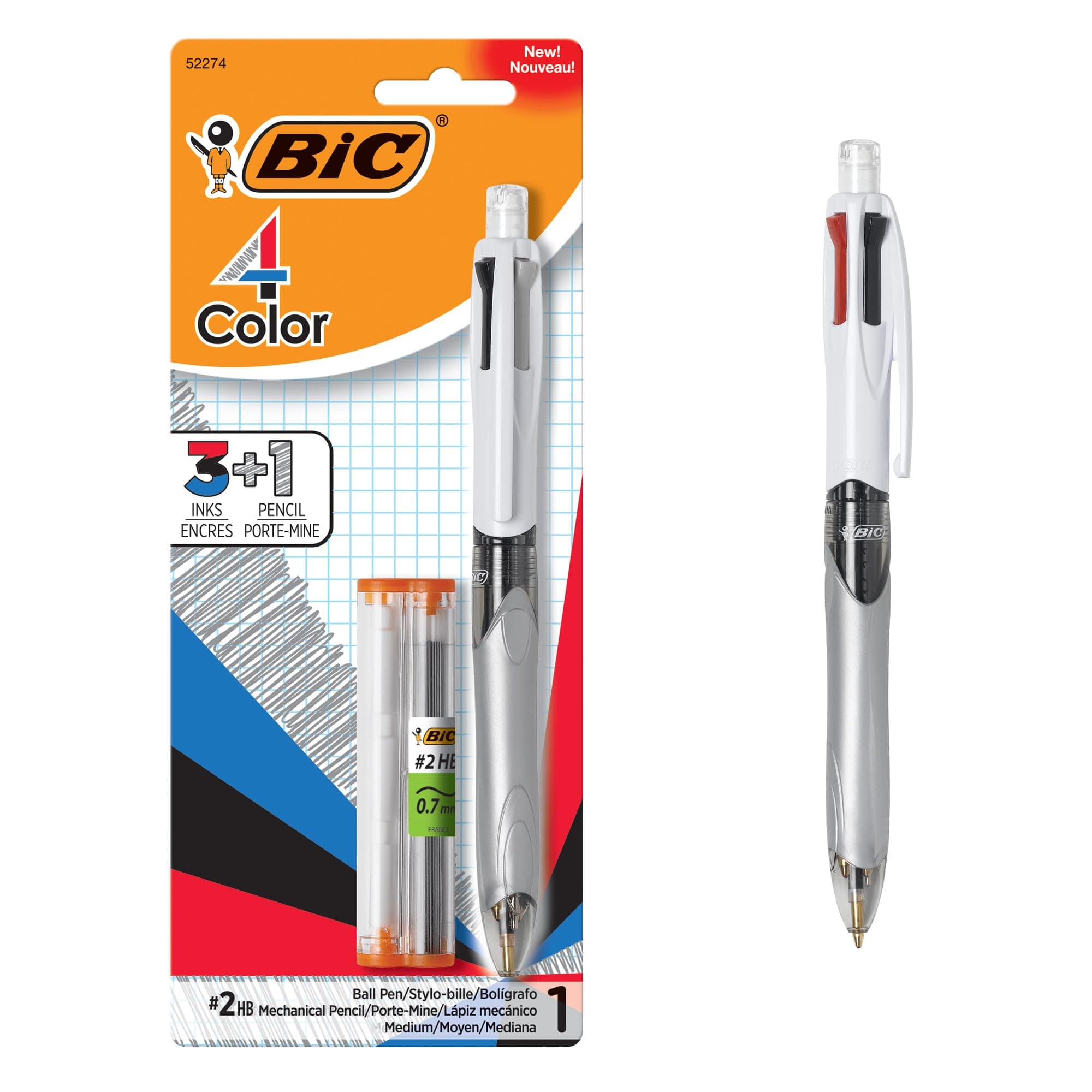 4-Color 3+1 Ball Pen and Pencil, Medium Point (1.0mm), 0.7mm Lead, Assorted Inks, 1-Count
