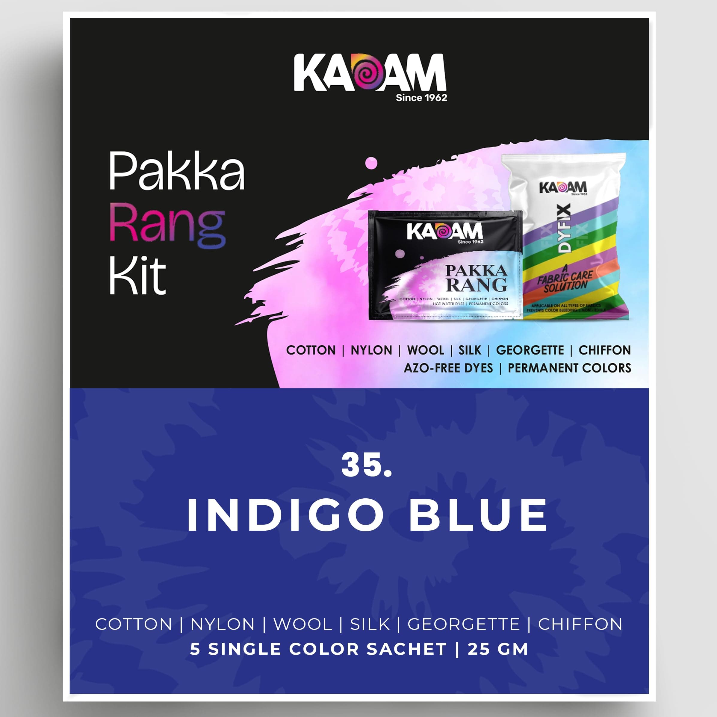 Kadam Pakka Rang Fabric Dye Colour | 25g Pack | Includes DyFix Color Fixer | Permanent Fabric Dyes for Old Faded Jeans and Clothes (Indigo Blue)
