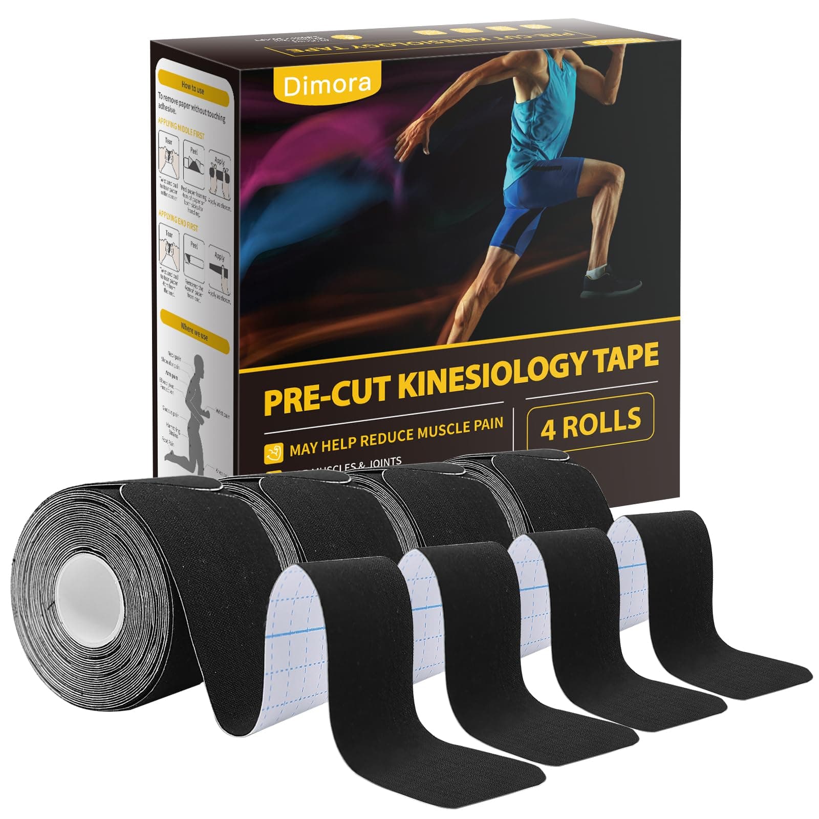 Dimora Kinesiology Tape, 80 Count Precut Strips 4 Rolls, Original Cotton, 10” Elastic Athletic Tape for Muscle Pain Relief and Joint Support, Black