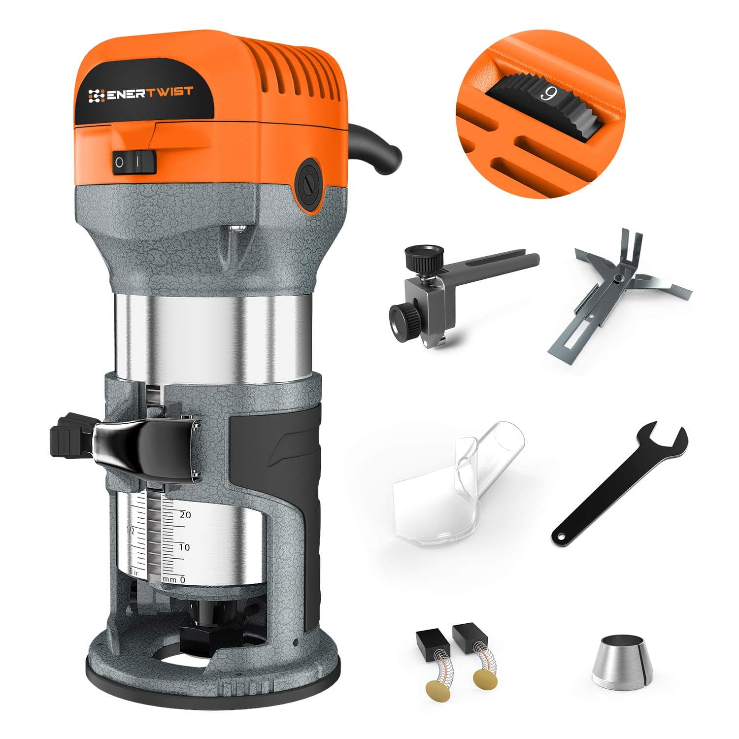 ENERTWIST Compact Router Tool, 7.0-Amp 1.25HP Soft Start Variable Speed Wood Router Kit w/Fixed Base, 1/4" & 3/8" Collets, Edge Guide, Roller Guide, Dust Hood, Replacement Brush Set, ET-RT-710S