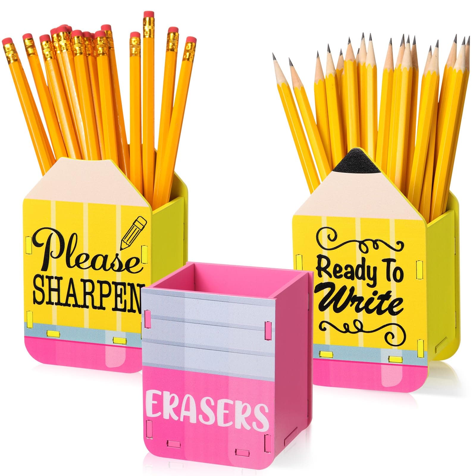 3 Pcs Sharp and Dull Pencil Holder Eraser Buckets Wooden Shaped Dispenser for Back to School Teachers Classroom Management(Yellow Ready to Write)