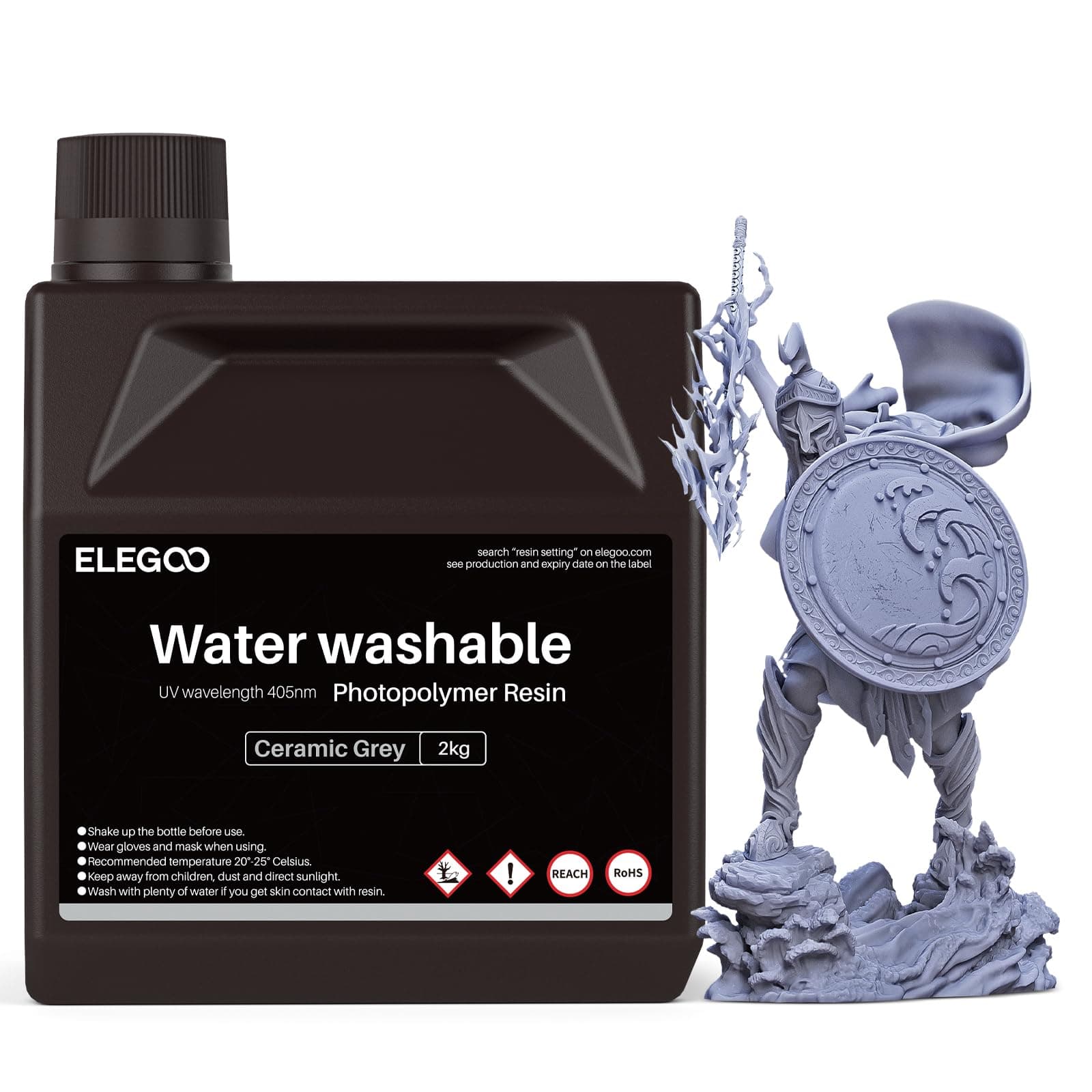 Deeplee ELEGOO Water Washable Resin 3D Printer Resin 405nm Rapid UV Curing Standard Photopolymer Resin Easy to Clean High Accuracy Low Odor for LCD 3D Printing Grey 2000g