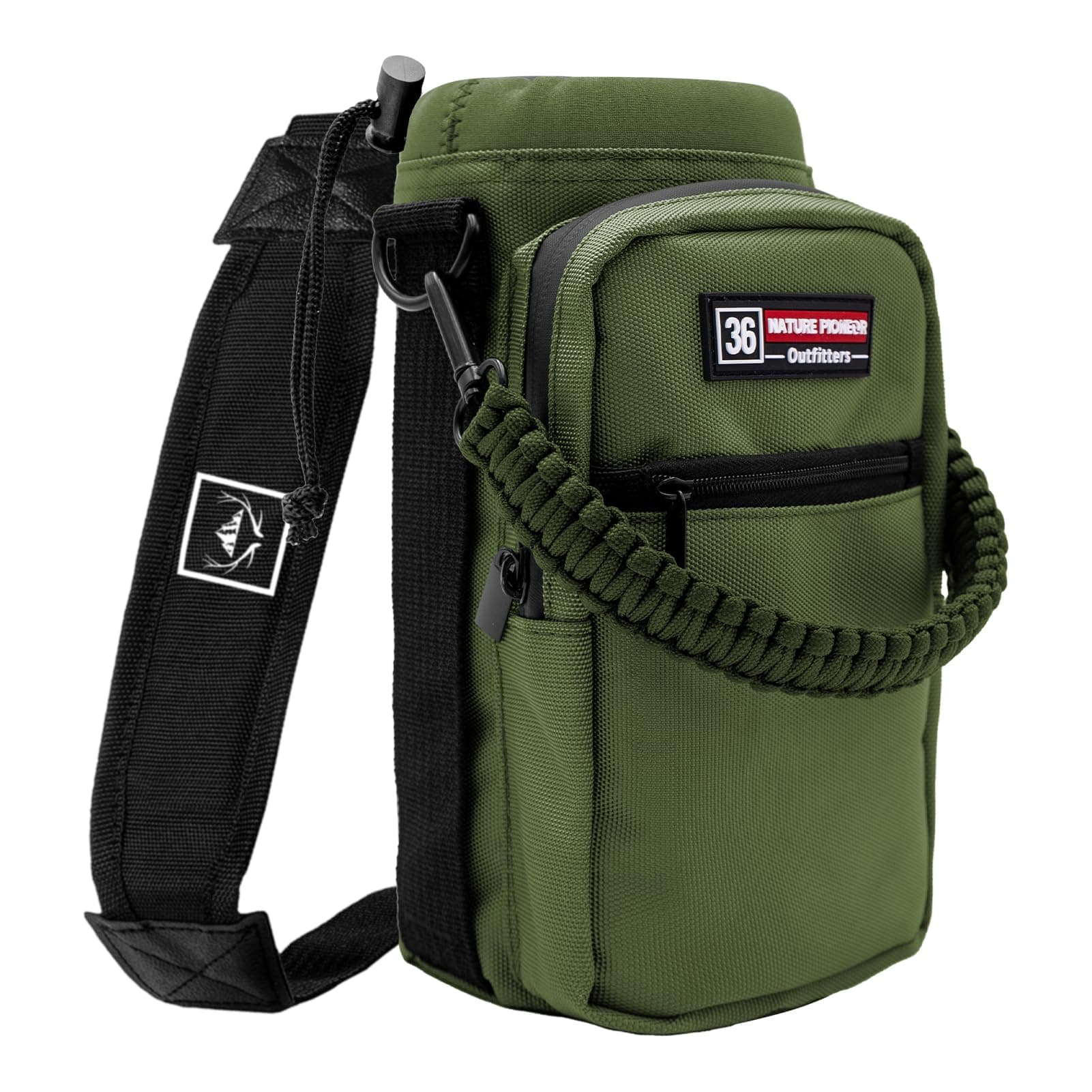 NATURE PIONEOR Water Bottle Holder with Adjustable Strap - 26/32/36/40/46/64oz Insulated Water Bottle Sling Carrier with Paracord Handle & 2 Pockets, Outdoor Sports, Hiking, Camping, Gym