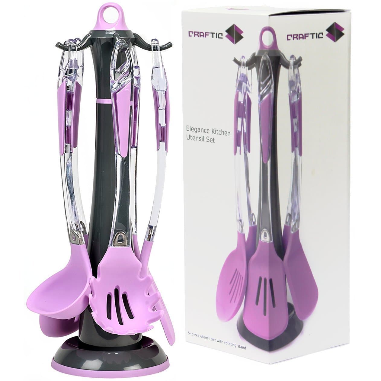 Silicone Kitchen Utensil Set w/ Rotating Stand - 5-Piece, Spaghetti Server, Soup Ladle, Slotted Spoon, Slotted Turner & Slotted Skimmer - Non-Stick, Heat-Resistant, Dishwasher-Safe - Pink