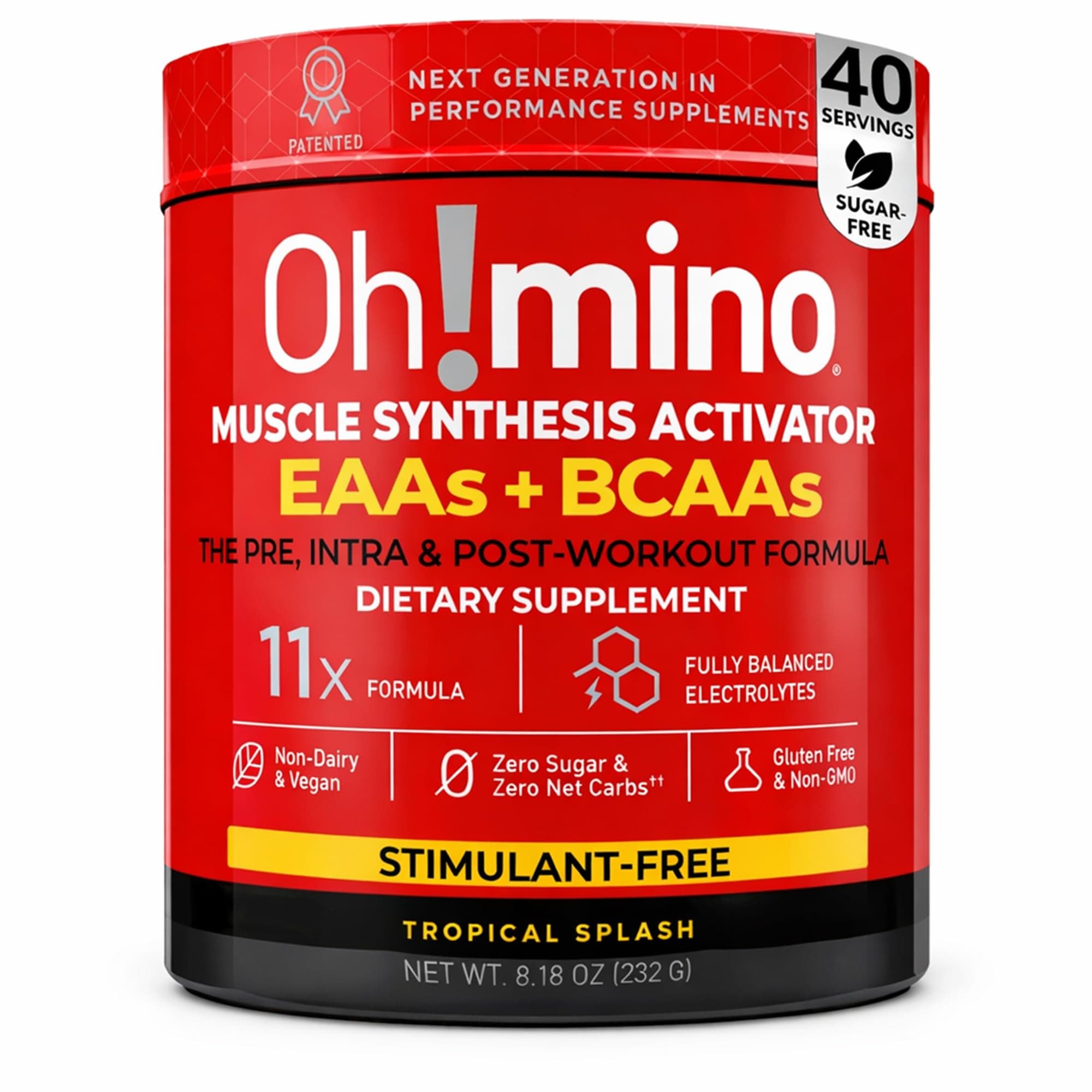 Oh!mino BCAAs + EAAs, All 9 Essential Amino Acids for Muscle Growth & Recovery, Tropical Flavor, Stimulant-Free, Sugar-Free Pre/Intra Post Workout Supplement, Non-GMO