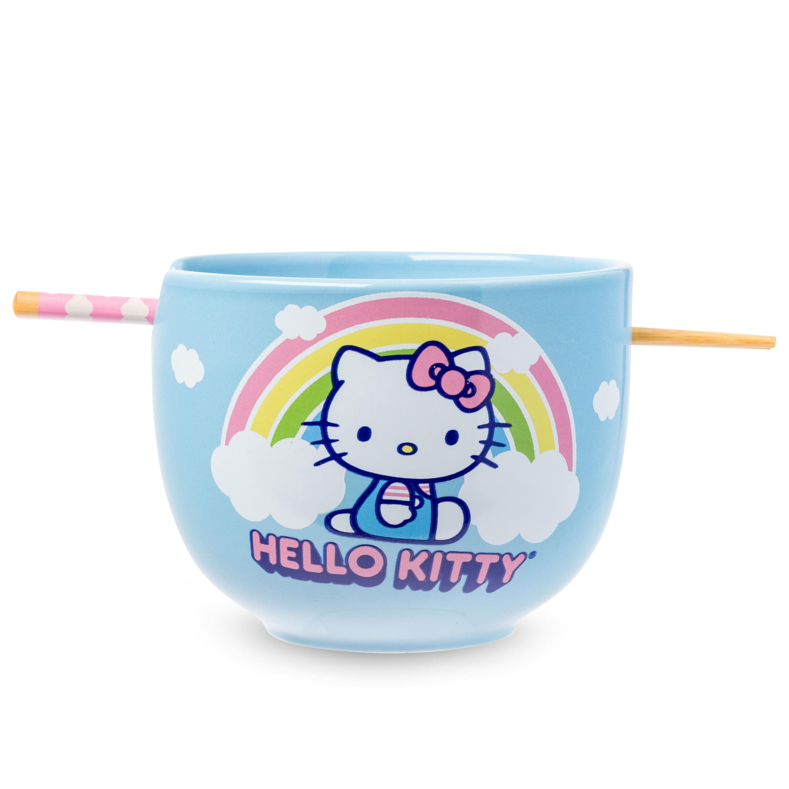 Hello Kitty Rainbow and Clouds Ceramic Ramen Noodle Rice Bowl with Chopsticks, Microwave Safe, 20 Ounces