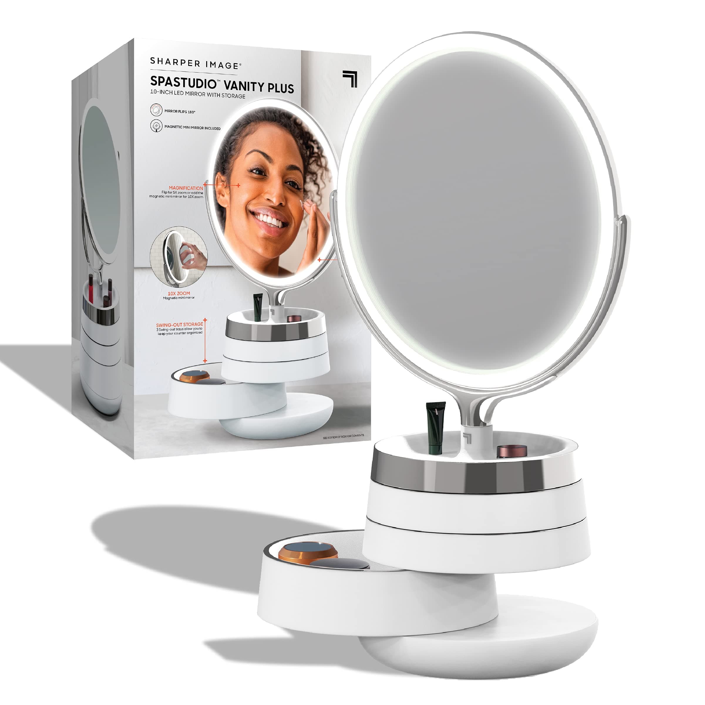 Sharper Image® SpaStudio™ 10” Vanity Mirror - Built-In Storage Trays, Swivel & Tilt Rotation, Touch-Activated Brightness Controls, Dimmable LED Halo Light Ring, 10X & 5X Magnification, Cosmetic Makeup