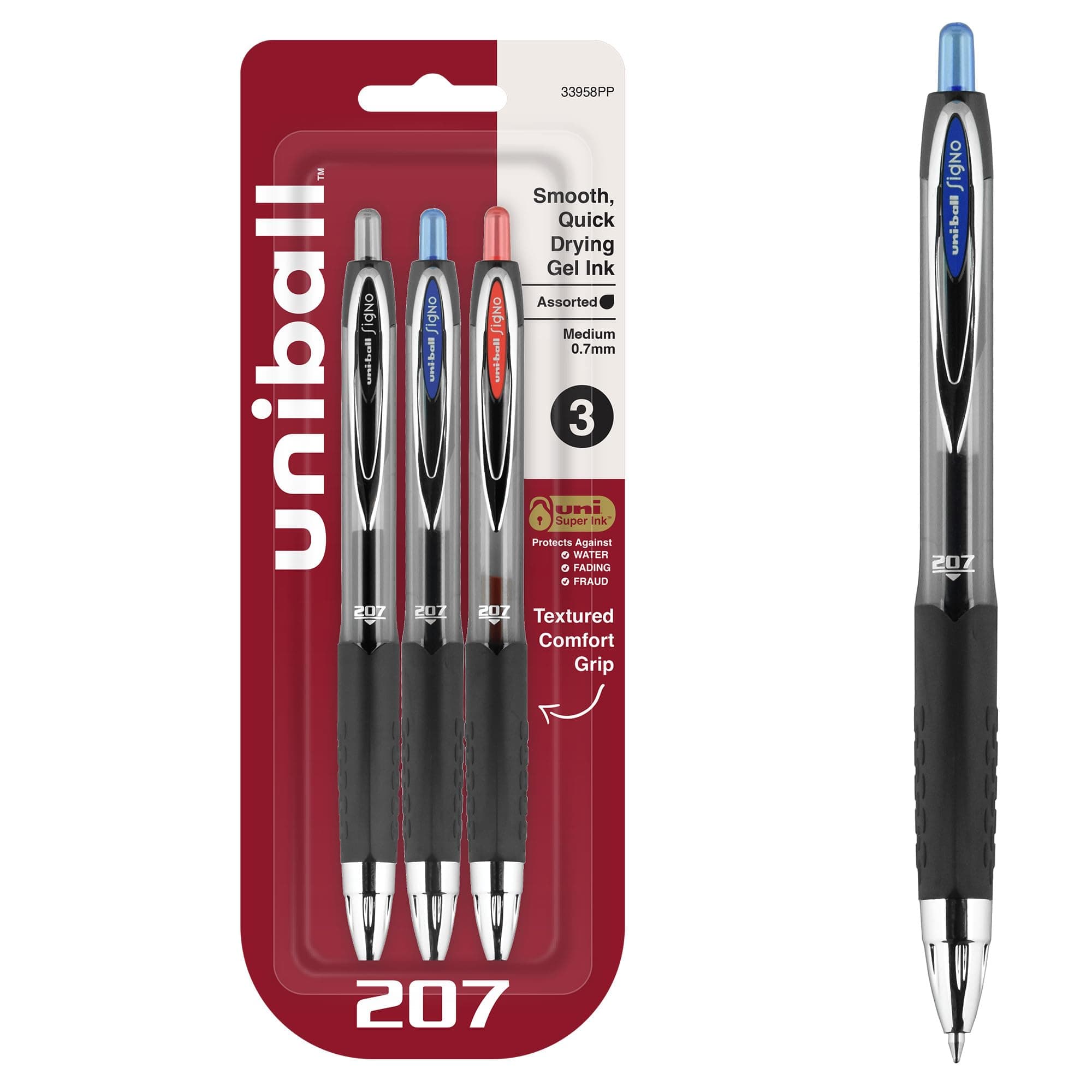 uniball 207 Retractable Gel Pens, Medium Point (0.7mm), Assorted, 3 Pack