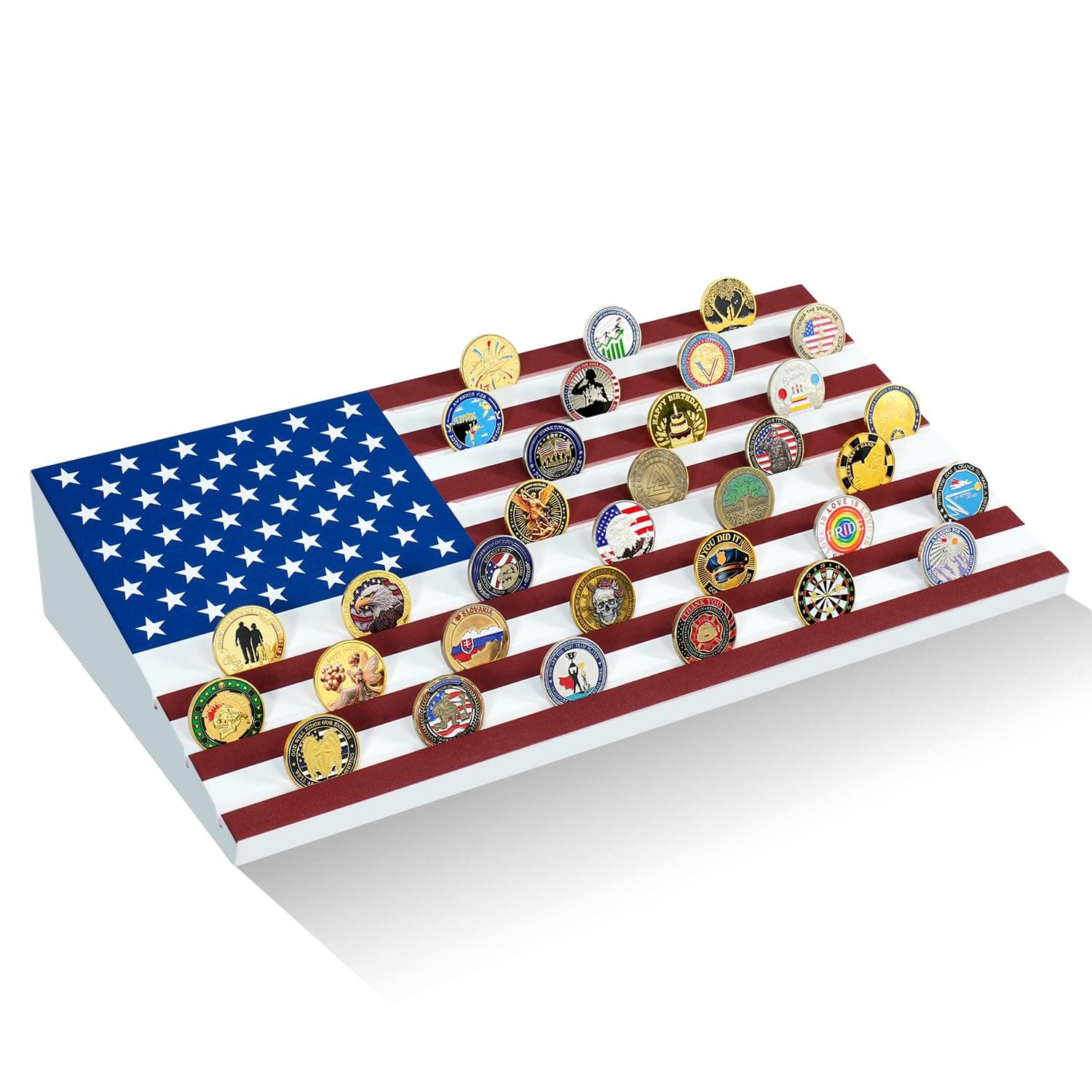 ASmilelndeep 7 Rows Challenge Coin Display Case Holder Holds 60 Coins, Solid Wood Military Coin Holder Display Rack with American Flag for Desk Display, Red Line