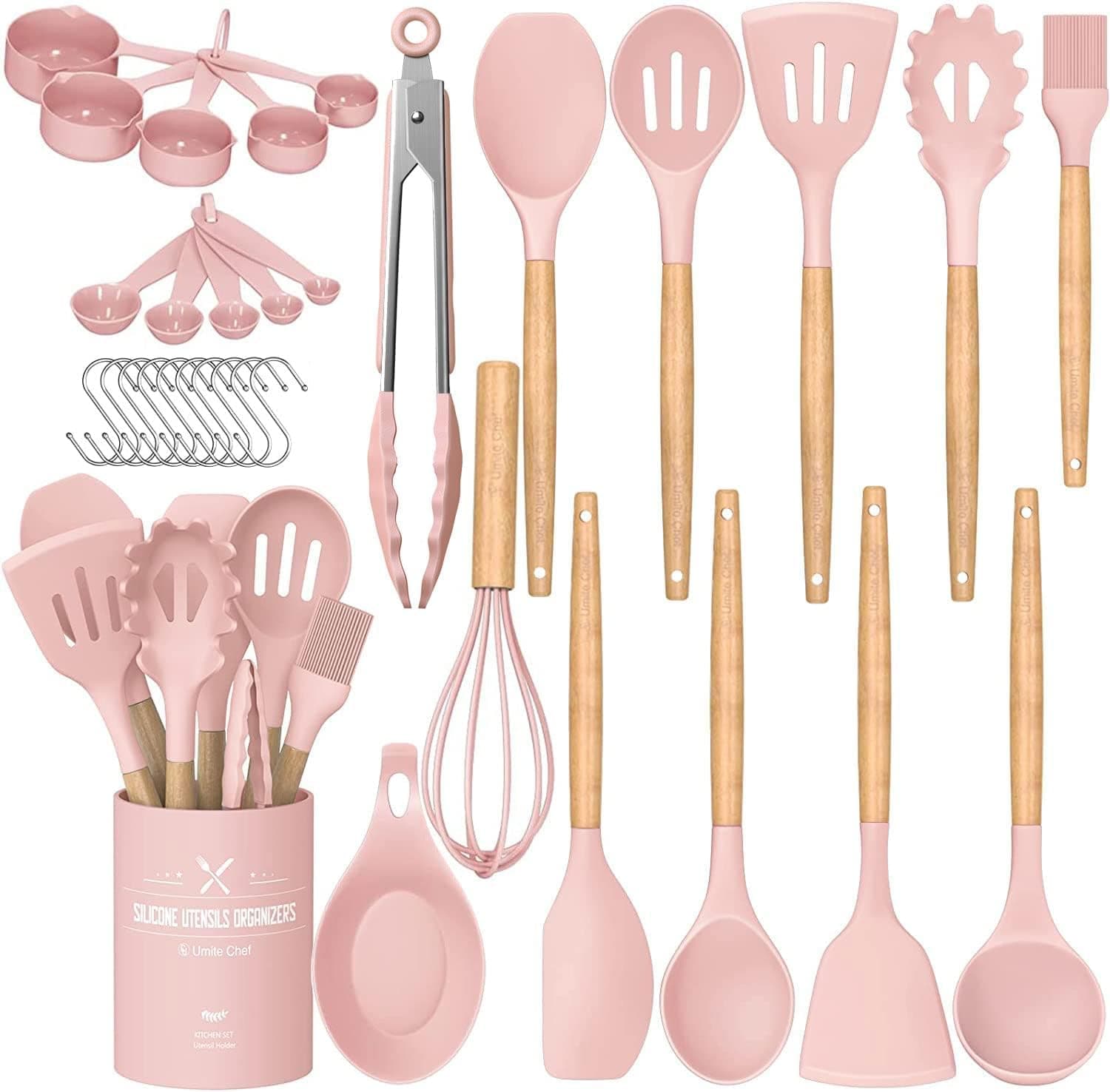 Silicone Kitchen Utensils Set, 33 Piece Non-Stick Kitchen Utensils with Stand, Wooden Handle, Pink