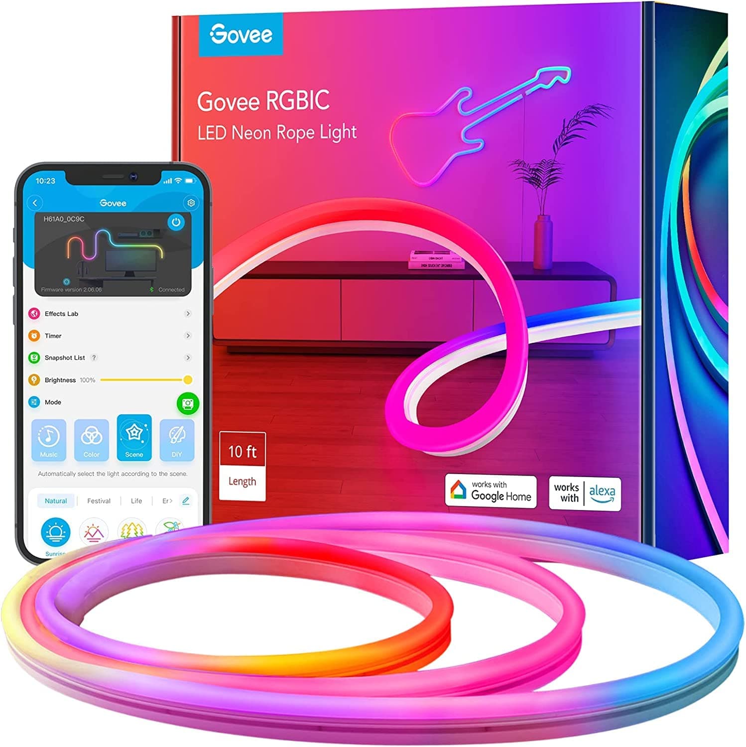 GoveeRGBIC Neon Rope Light, 10ft LED Strip Lights, Music Sync, DIY Design, Works with Alexa, Google Assistant, Neon Lights for Gaming Room Living Bedroom Wall Decor (Not Support 5G WiFi)
