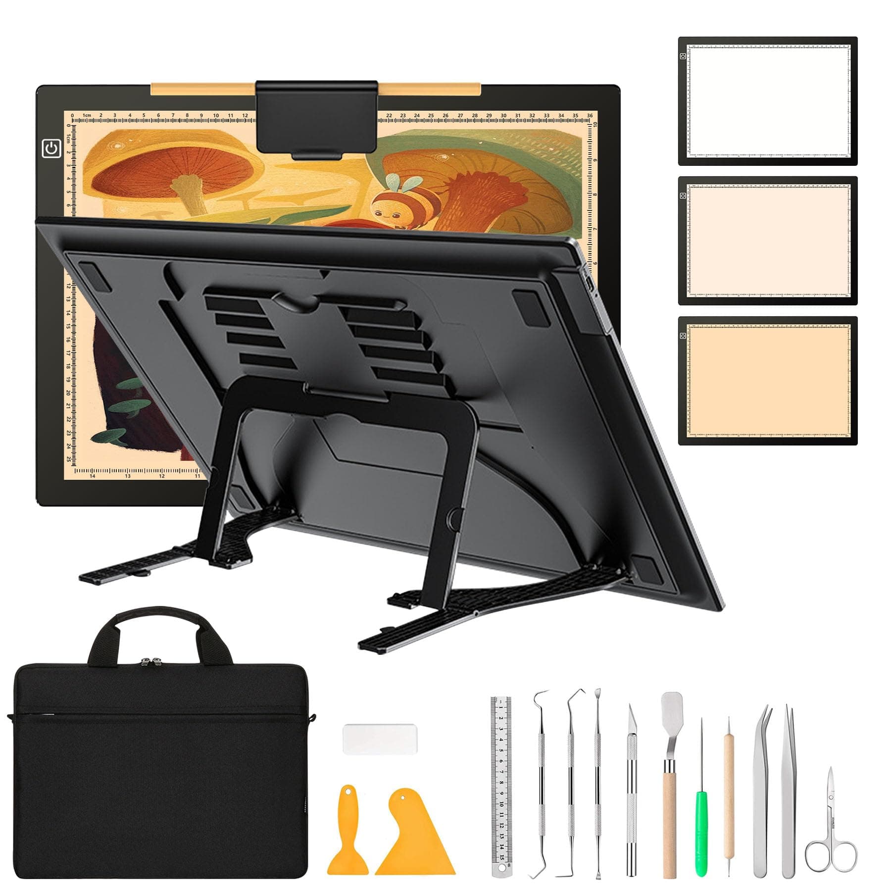 BenssA3 LED Light Pad with Weeding Vinyl Set+Carry Bag,Wireless Rechargeable Light Board with Stand and Top Magnetic Clip 3 Colors Stepless Dimmable Light Box for Diamond Painting Weeding Vinyl