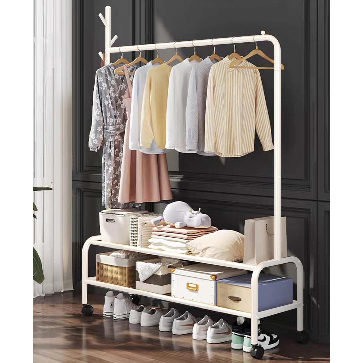 Lukzer | MGR-008 | White | Metal Garment Rack with Wheels & 2 Bottom Shelves – Freestanding Clothes Stand & Storage Organizer for Bedroom, Living Room, Shop Display & More | 173 x 110 x 34 cm