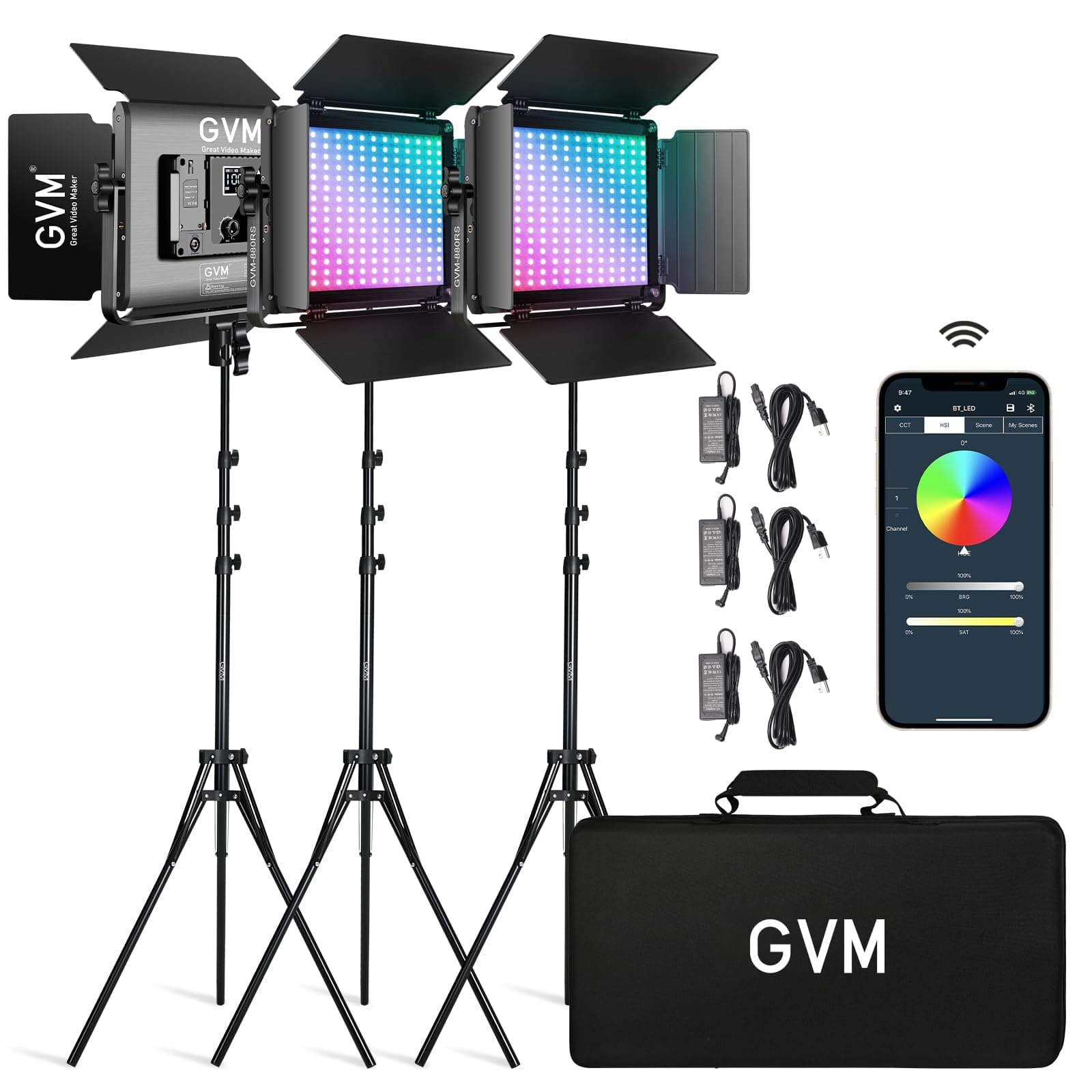 - GVM RGB LED Video Light with Bluetooth Control, 880RS 60W Photography Lighting kit Dimmable LED Panel with LCD Screen, 3 Packs Studio Light for YouTube, Streaming, Gaming, 8 Applicable Scenes, CRI97