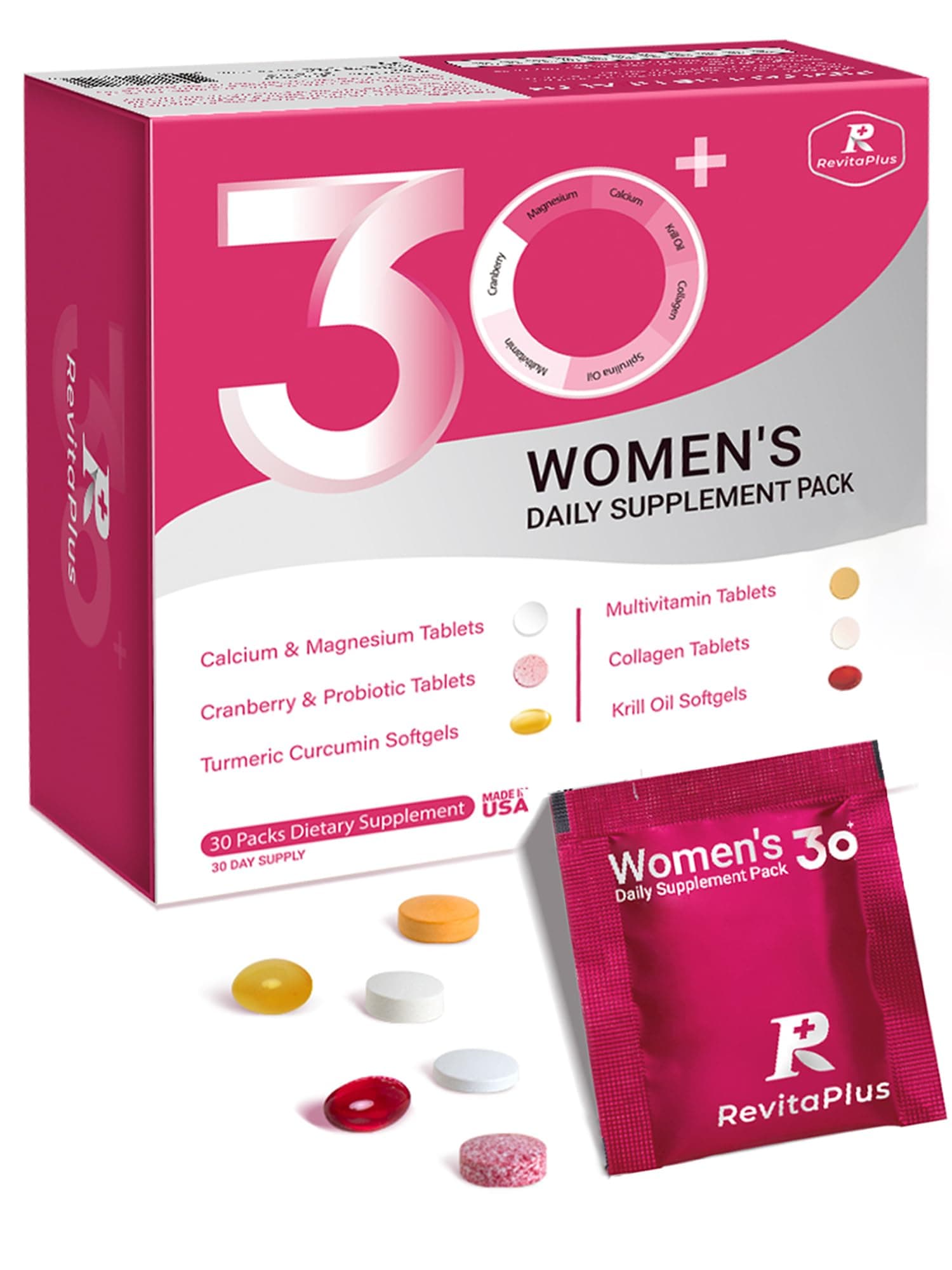 Multivitamin for Women with Vitamin A,B,C,D3,E,K2,Biotin, Collagen,Krill Oil,Cranberries Supports Energy,Wellness,Beauty and Immune - Vitamin Packs for Women Health 30 Packs