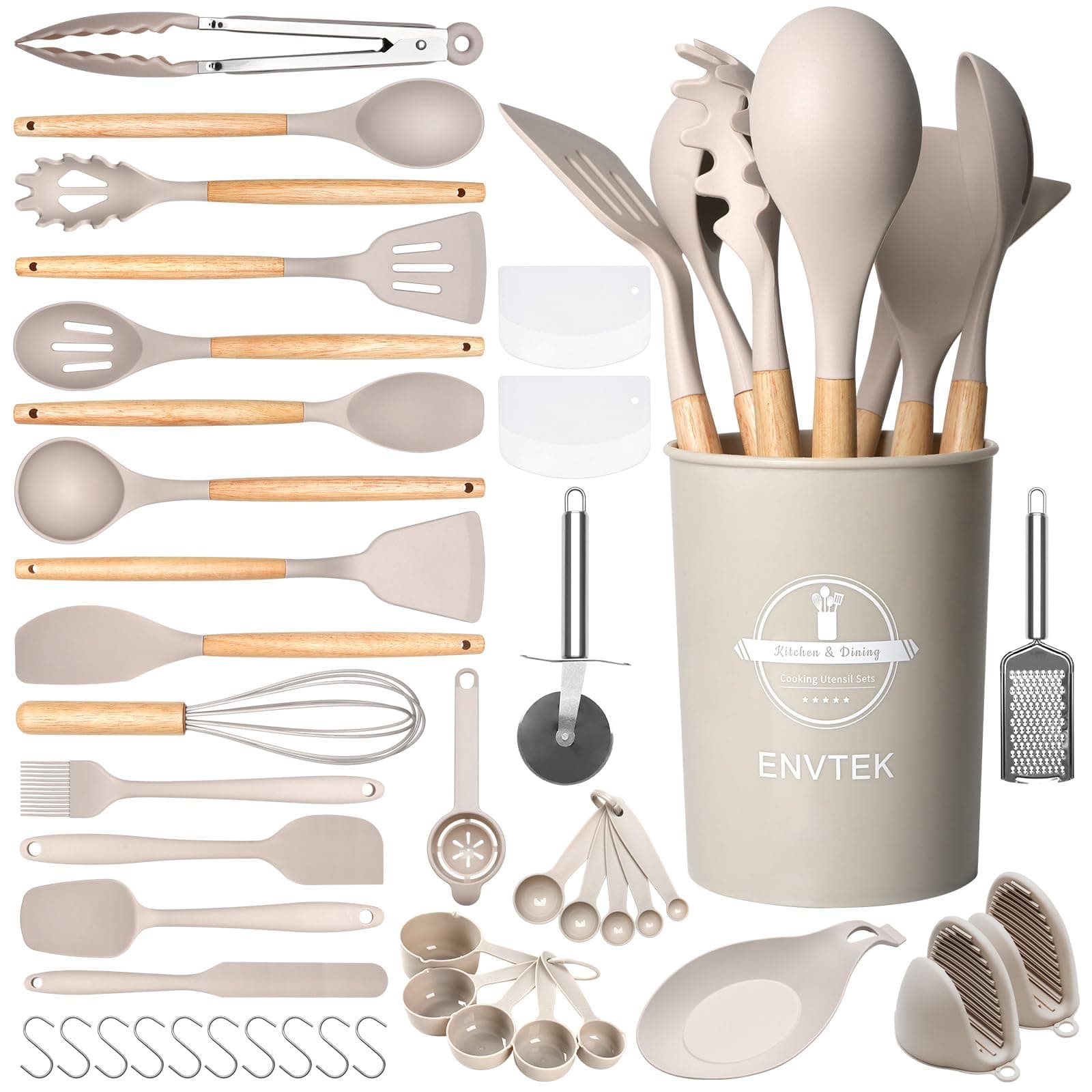 Silicone Kitchen Utensils Set 43 PCS for Cooking, Spatula Set with Wooden Handle, Cookware Nonstick Heat Resistant Kitchen Gadgets. Kitchen Tools with Holder (Khaki)