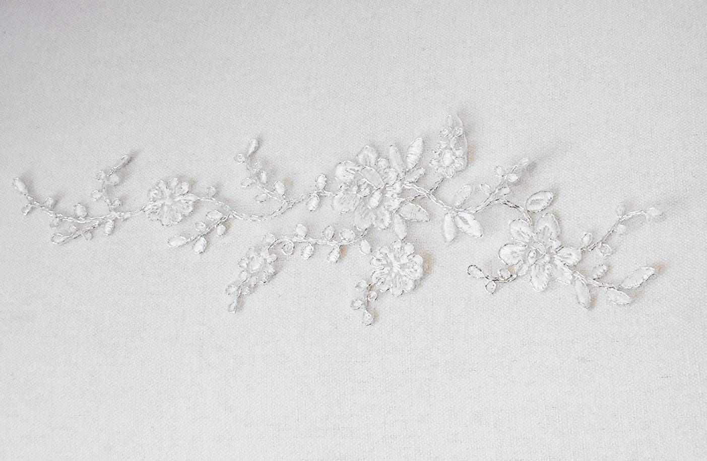 2 Pieces X Ivory Silver Cords lace Applique Ivory Embroidered Motifs Patches sew on Flowers Tulle lace Motif Applique (S4e)